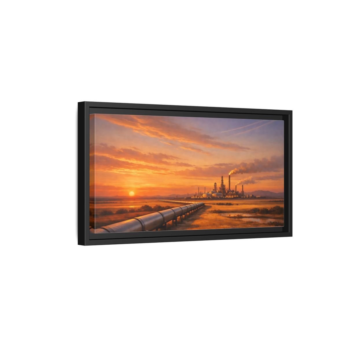 Landscape Nature Oil Refinery Orange Sunset - Framed Canvas Wall Art Print - YesArtYes
