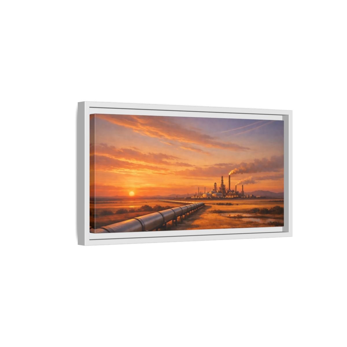 Landscape Nature Oil Refinery Orange Sunset - Framed Canvas Wall Art Print - YesArtYes