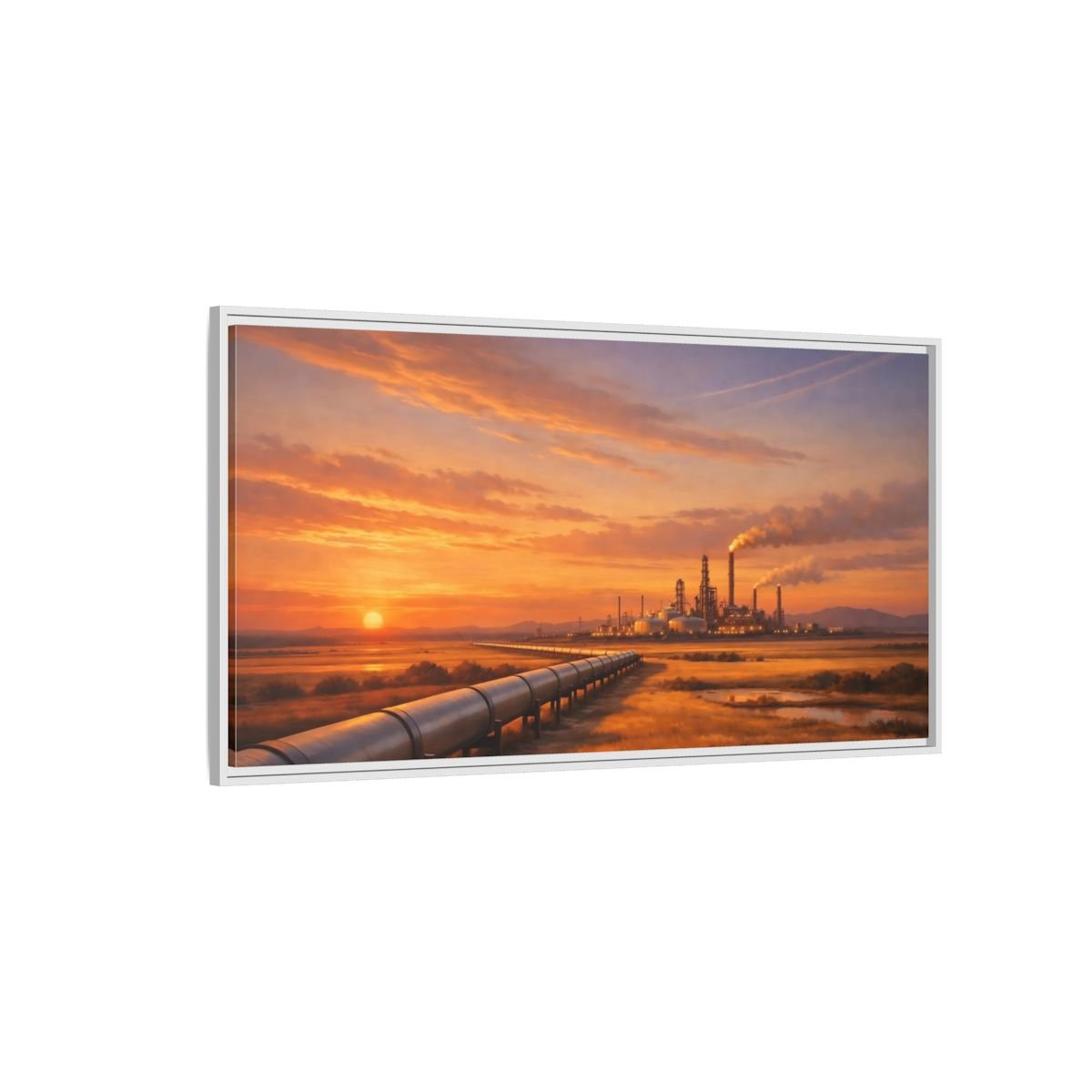Landscape Nature Oil Refinery Orange Sunset - Framed Canvas Wall Art Print - YesArtYes