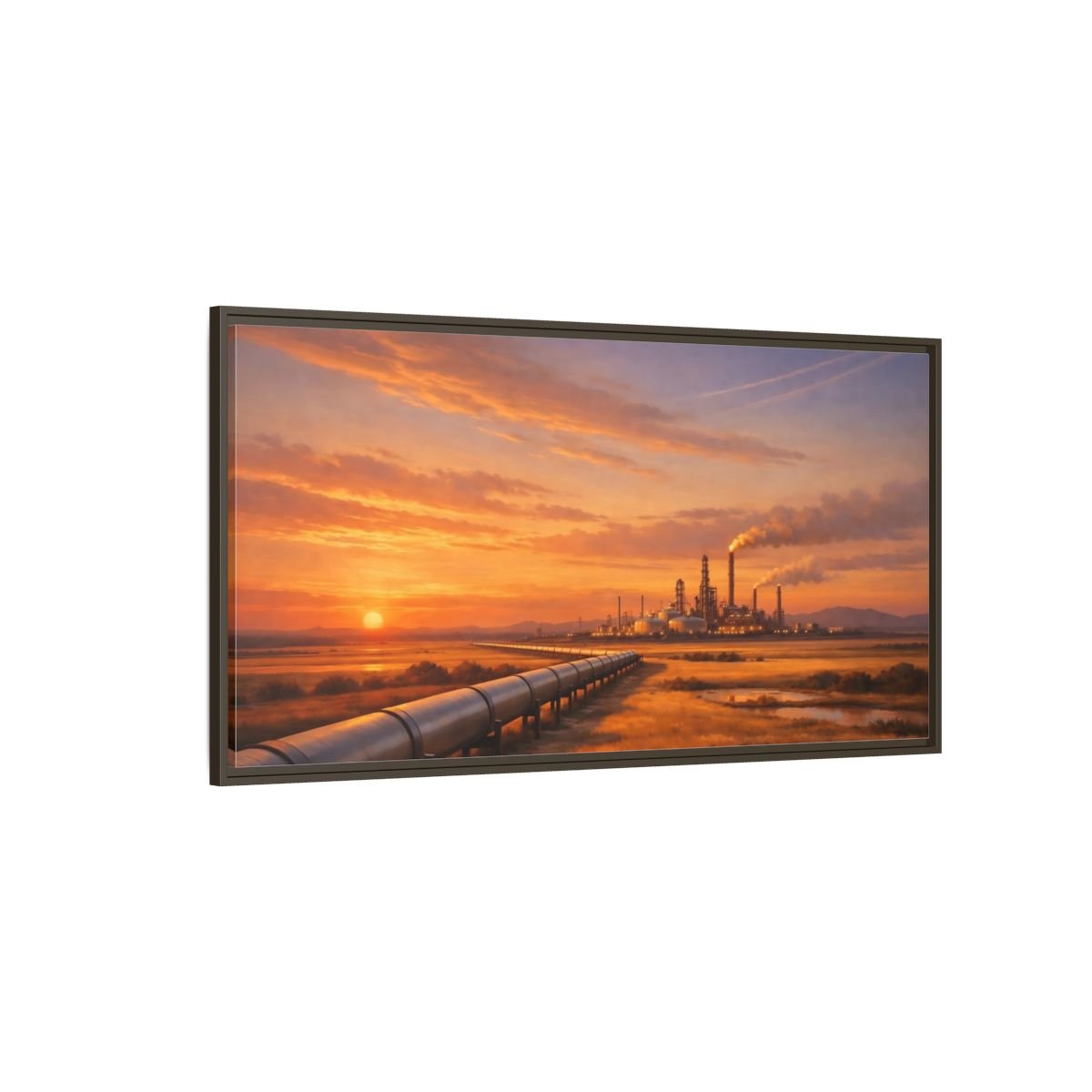 Landscape Nature Oil Refinery Orange Sunset - Framed Canvas Wall Art Print - YesArtYes