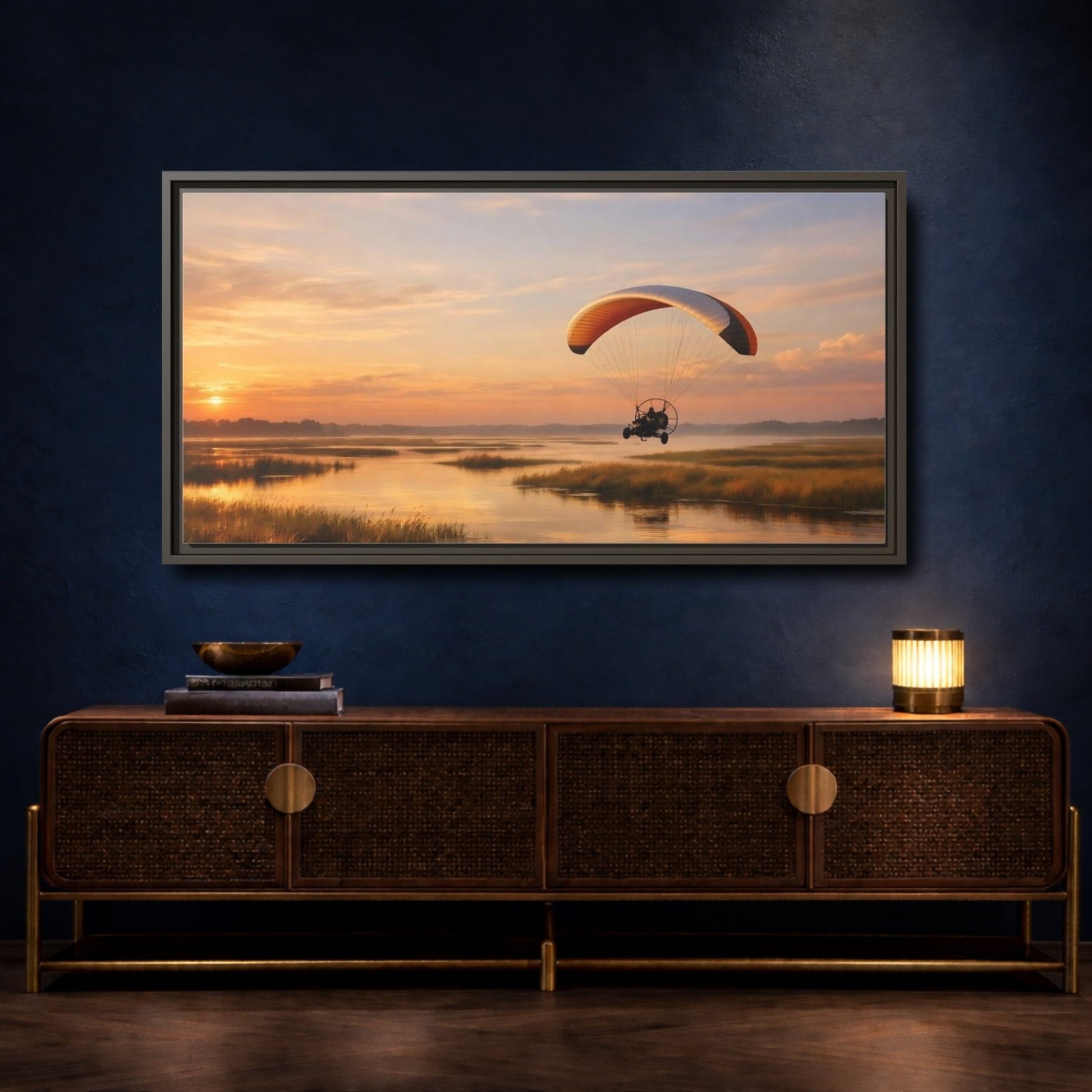 Landscape Nature Paraglider Orange And Blue - Framed Canvas Wall Art Print - YesArtYes