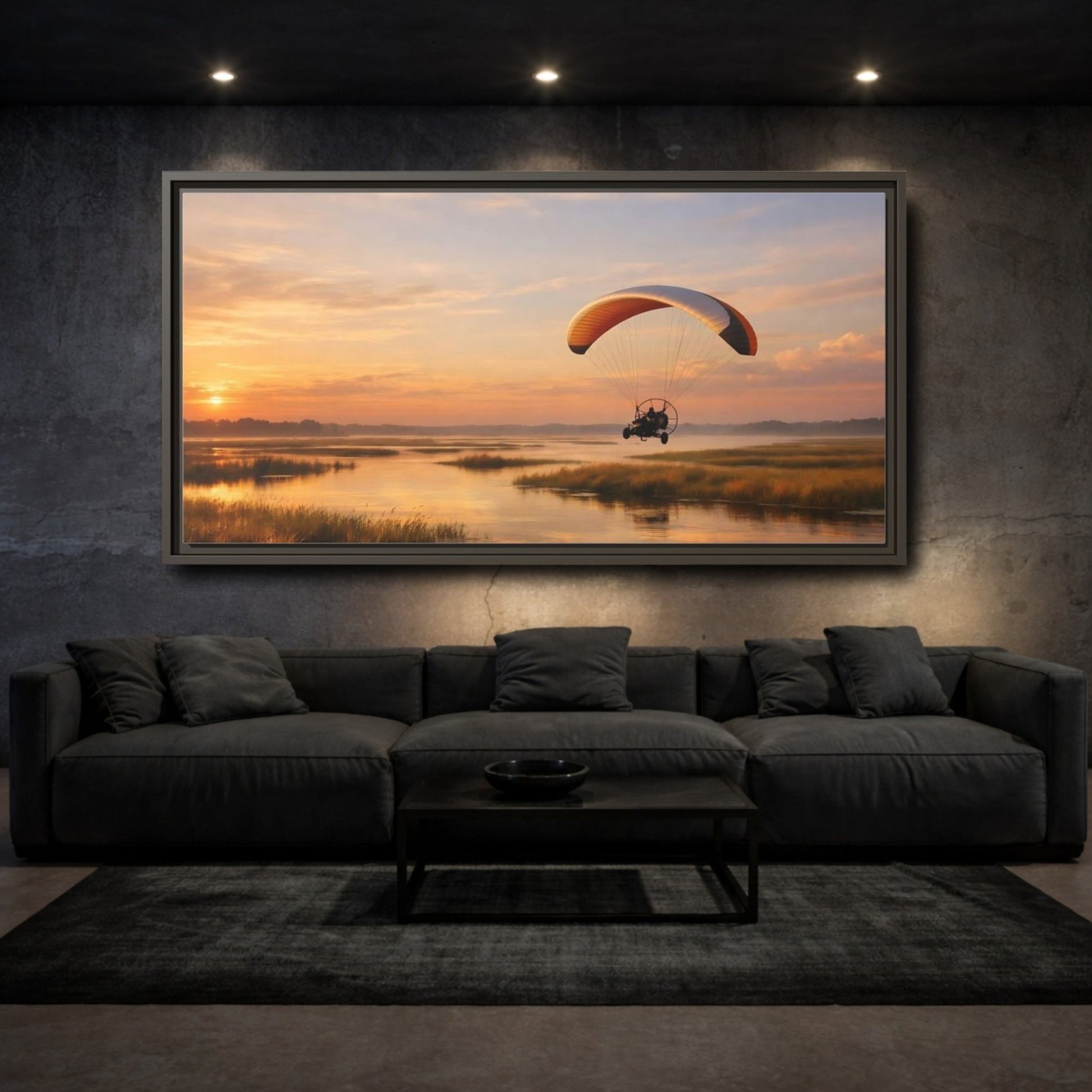 Landscape Nature Paraglider Orange And Blue - Framed Canvas Wall Art Print - YesArtYes