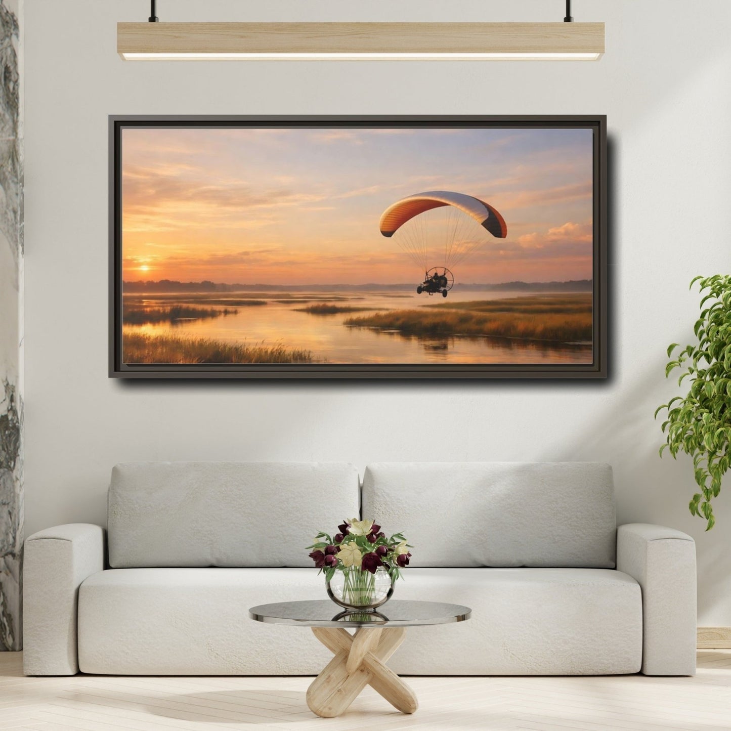 Landscape Nature Paraglider Orange And Blue - Framed Canvas Wall Art Print - YesArtYes