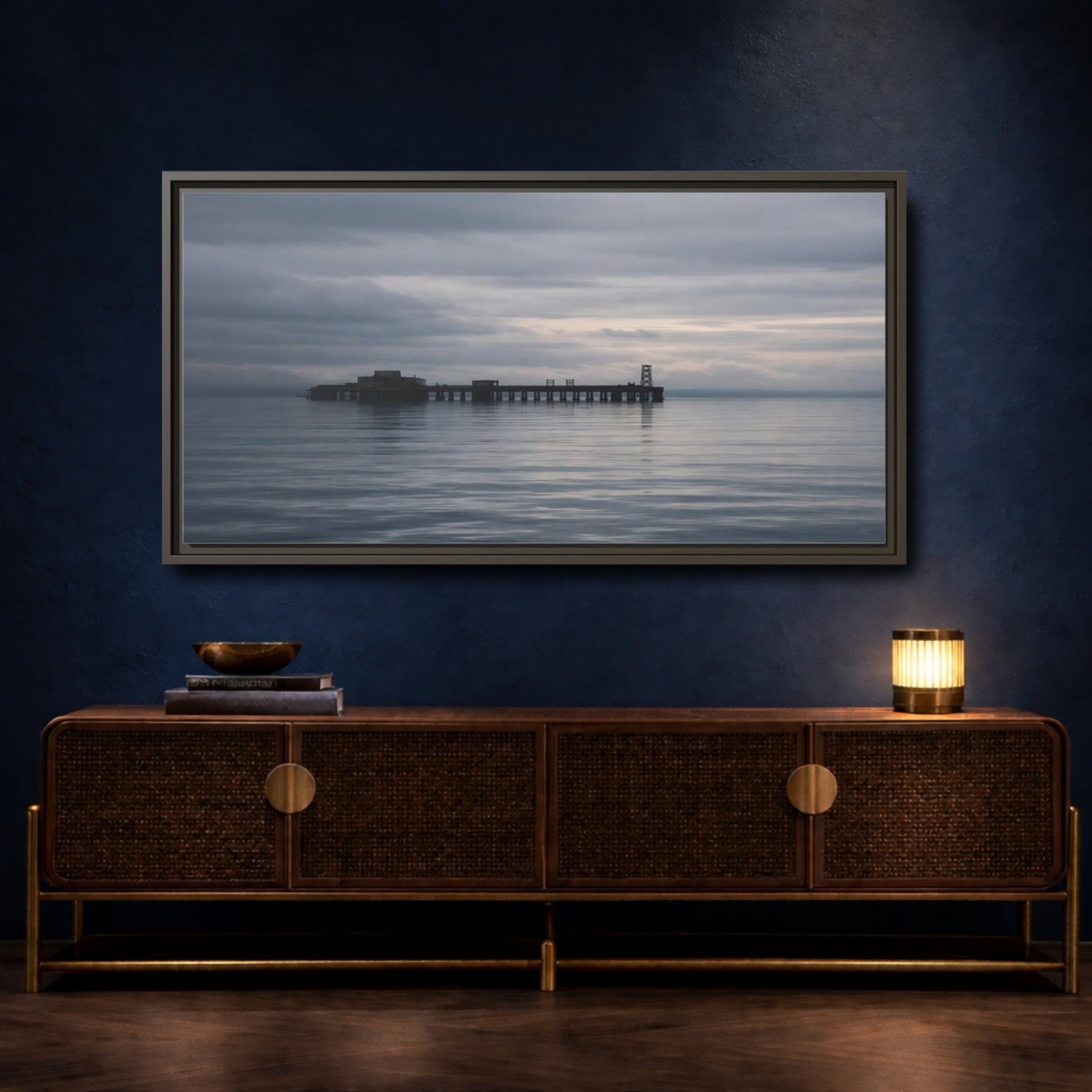 Landscape Nature Pier Gray Seascape - Framed Canvas Wall Art Print - YesArtYes