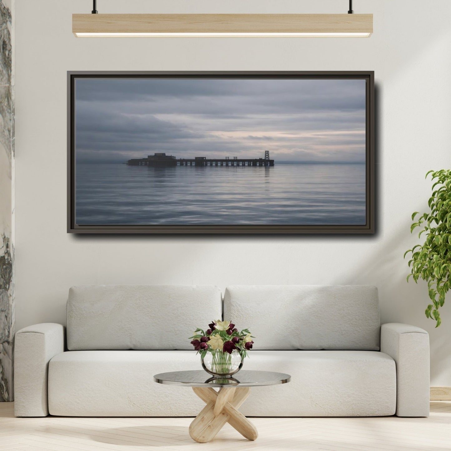 Landscape Nature Pier Gray Seascape - Framed Canvas Wall Art Print - YesArtYes