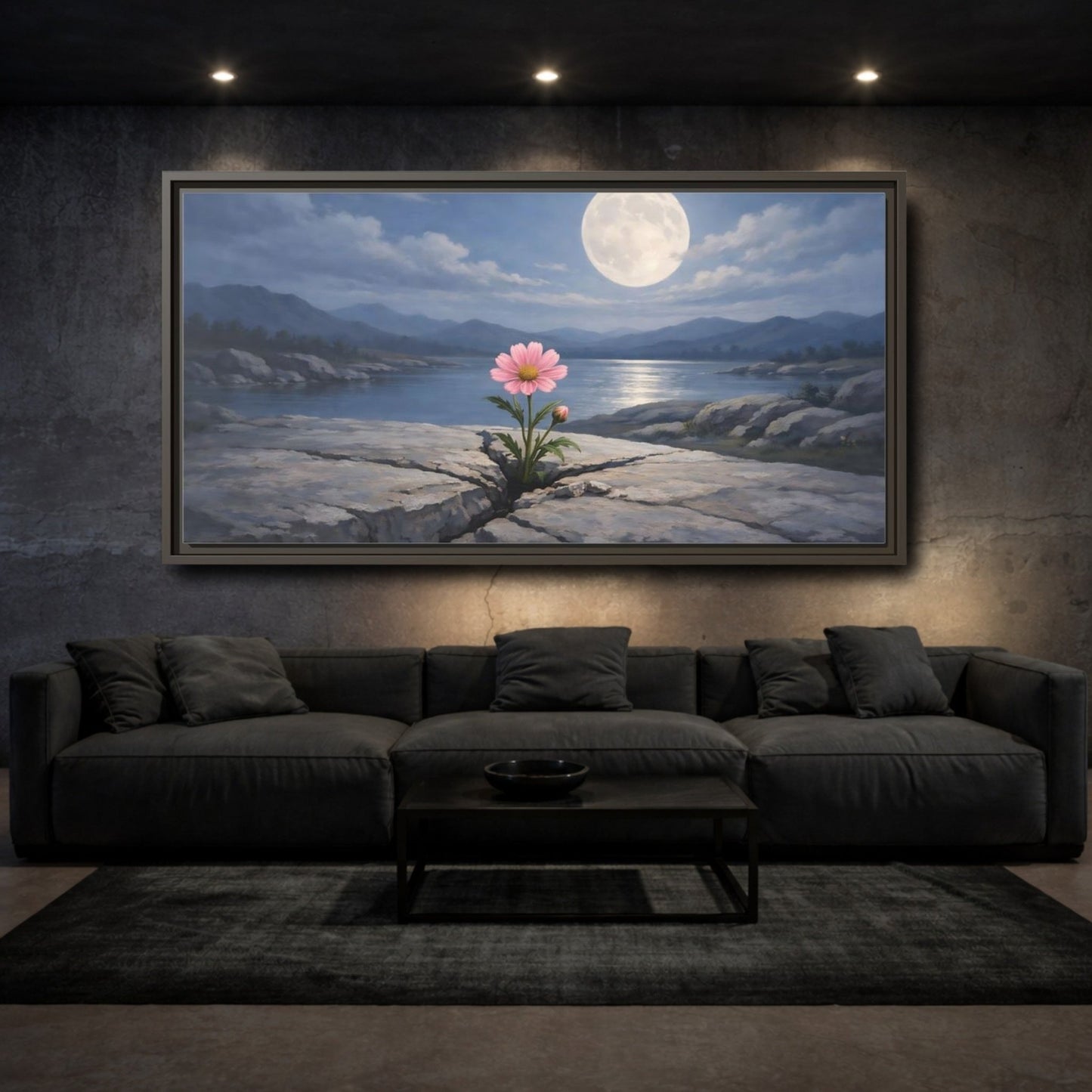 Landscape Nature Pink Flower Moon - Framed Canvas Wall Art Print - YesArtYes