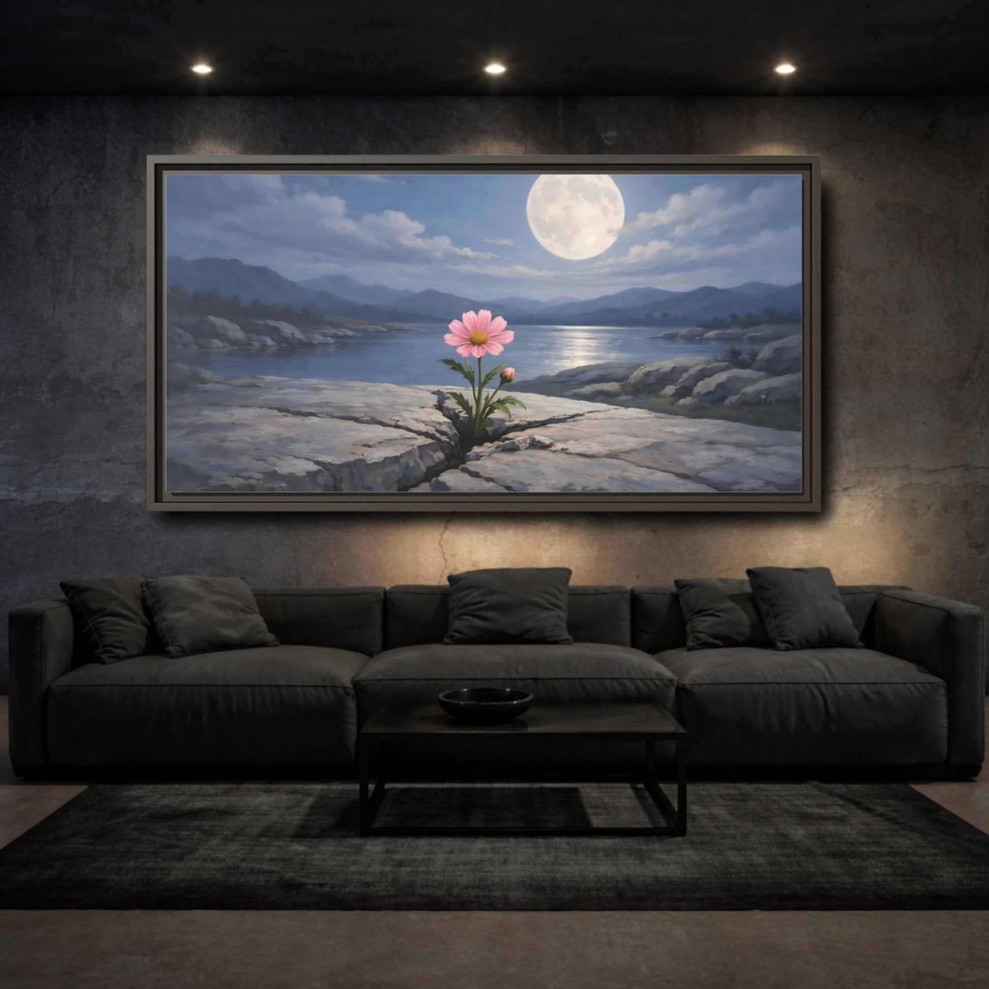 Landscape Nature Pink Flower Moon - Framed Canvas Wall Art Print - YesArtYes