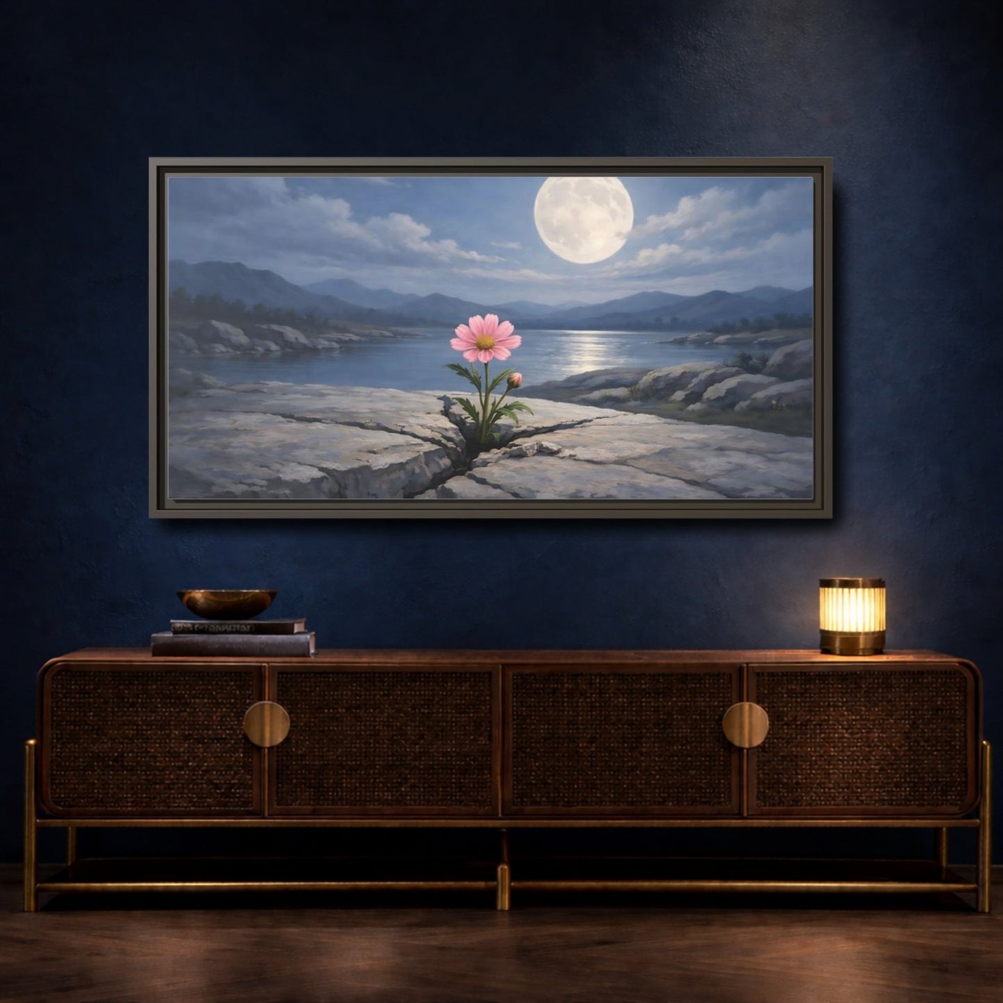 Landscape Nature Pink Flower Moon - Framed Canvas Wall Art Print - YesArtYes