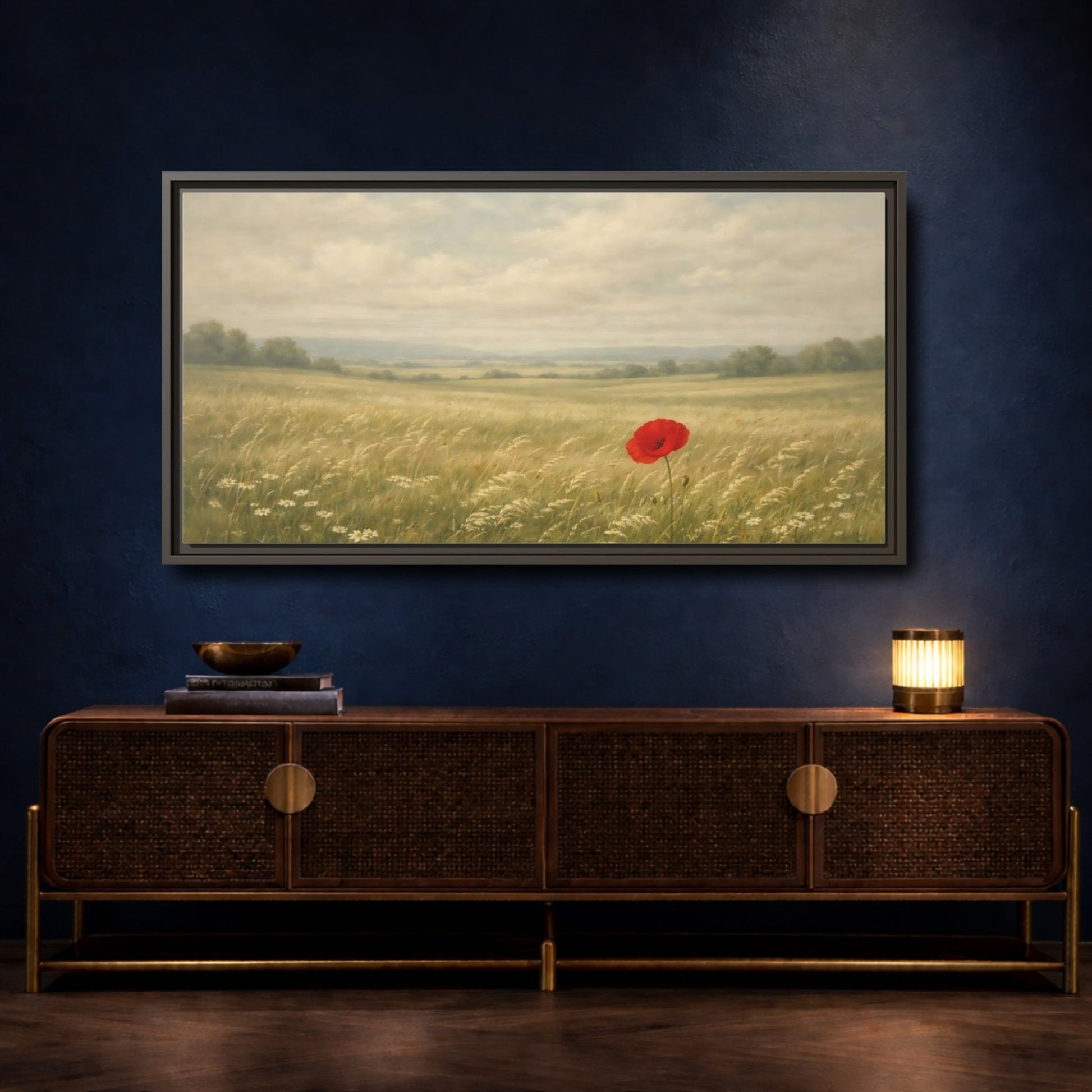 Landscape Nature Poppy Red Field - Framed Canvas Wall Art Print - YesArtYes