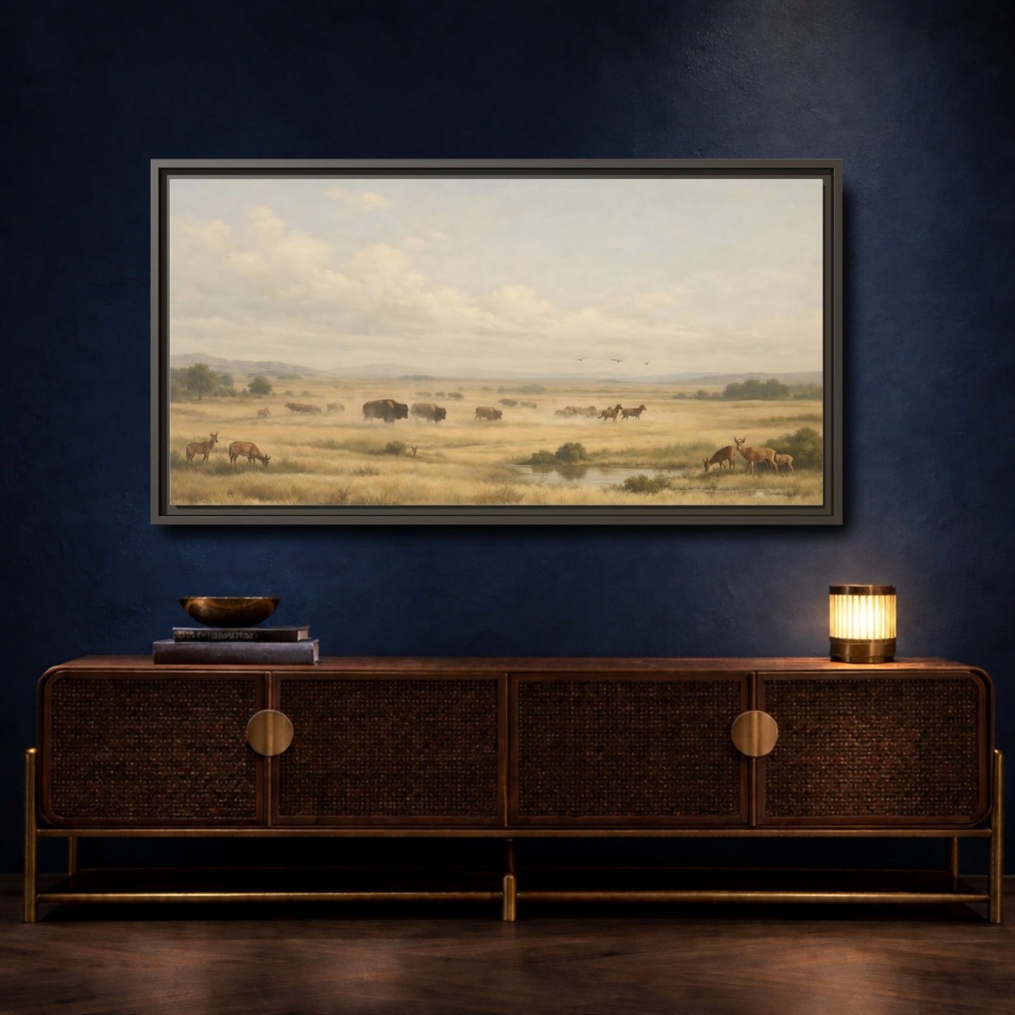 Landscape Nature Prairie Animals Golden - Framed Canvas Wall Art Print - YesArtYes