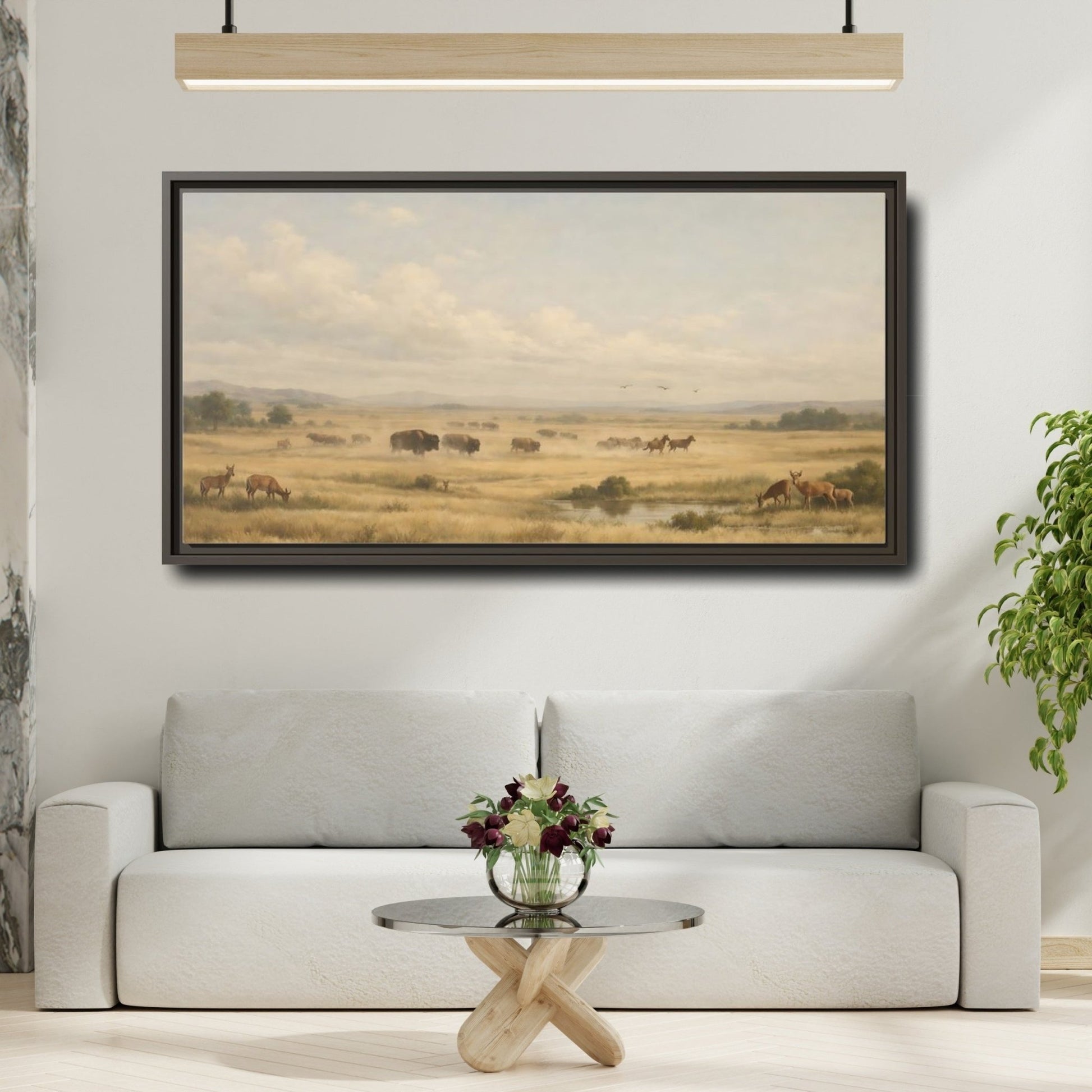 Landscape Nature Prairie Animals Golden - Framed Canvas Wall Art Print - YesArtYes