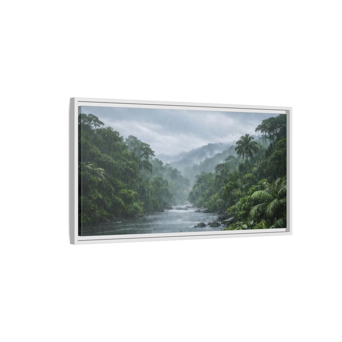 Landscape Nature Rainforest River Green And - Framed Canvas Wall Art Print - YesArtYes