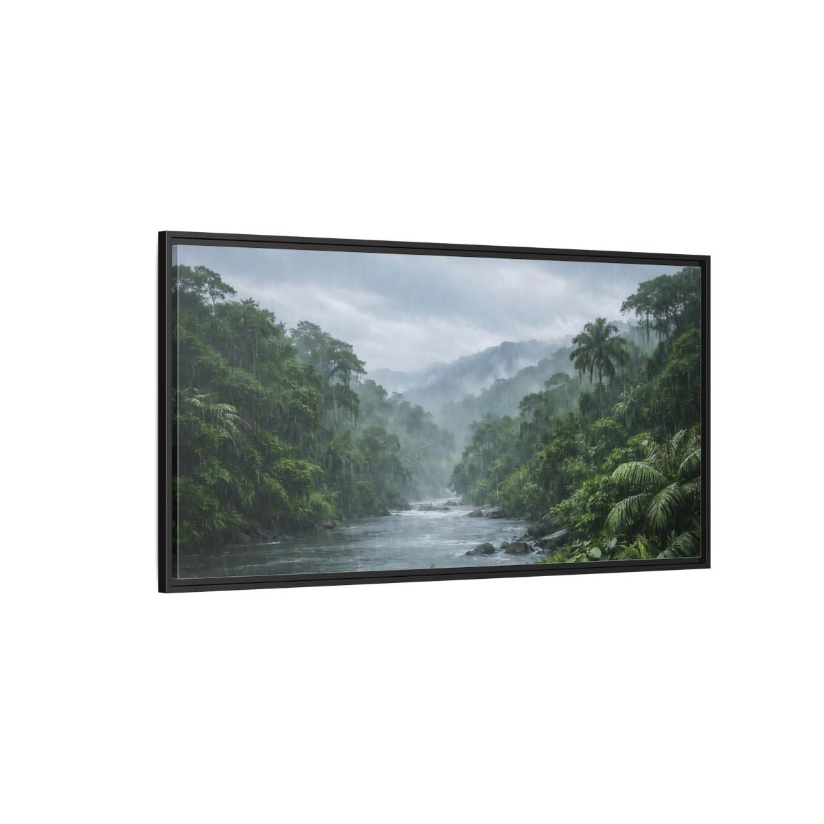 Landscape Nature Rainforest River Green And - Framed Canvas Wall Art Print - YesArtYes