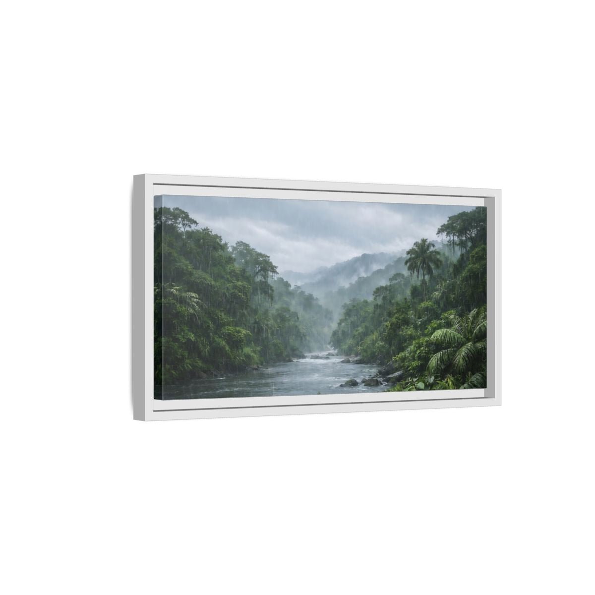 Landscape Nature Rainforest River Green And - Framed Canvas Wall Art Print - YesArtYes