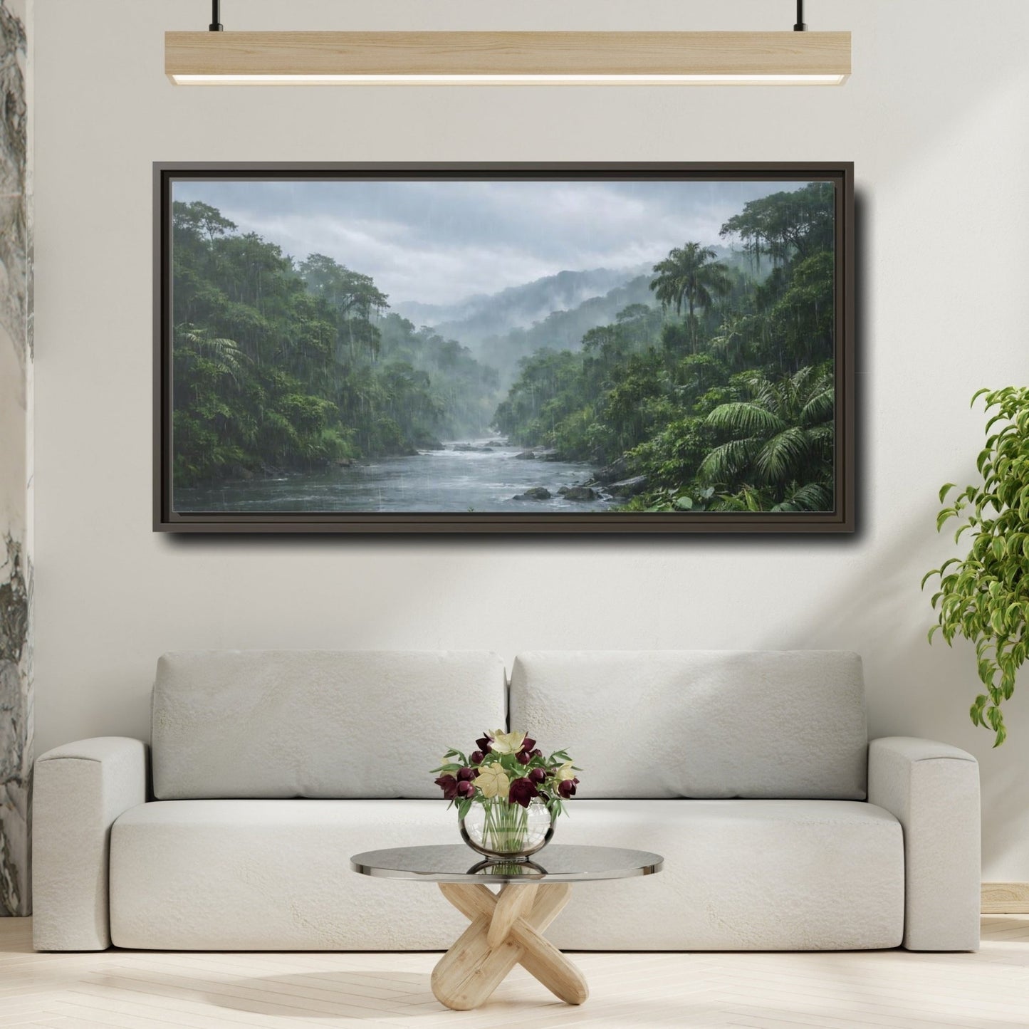 Landscape Nature Rainforest River Green And - Framed Canvas Wall Art Print - YesArtYes