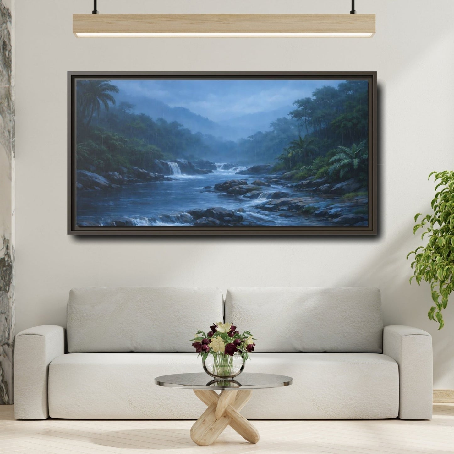 Landscape Nature Rainforest River Misty - Framed Canvas Wall Art Print - YesArtYes