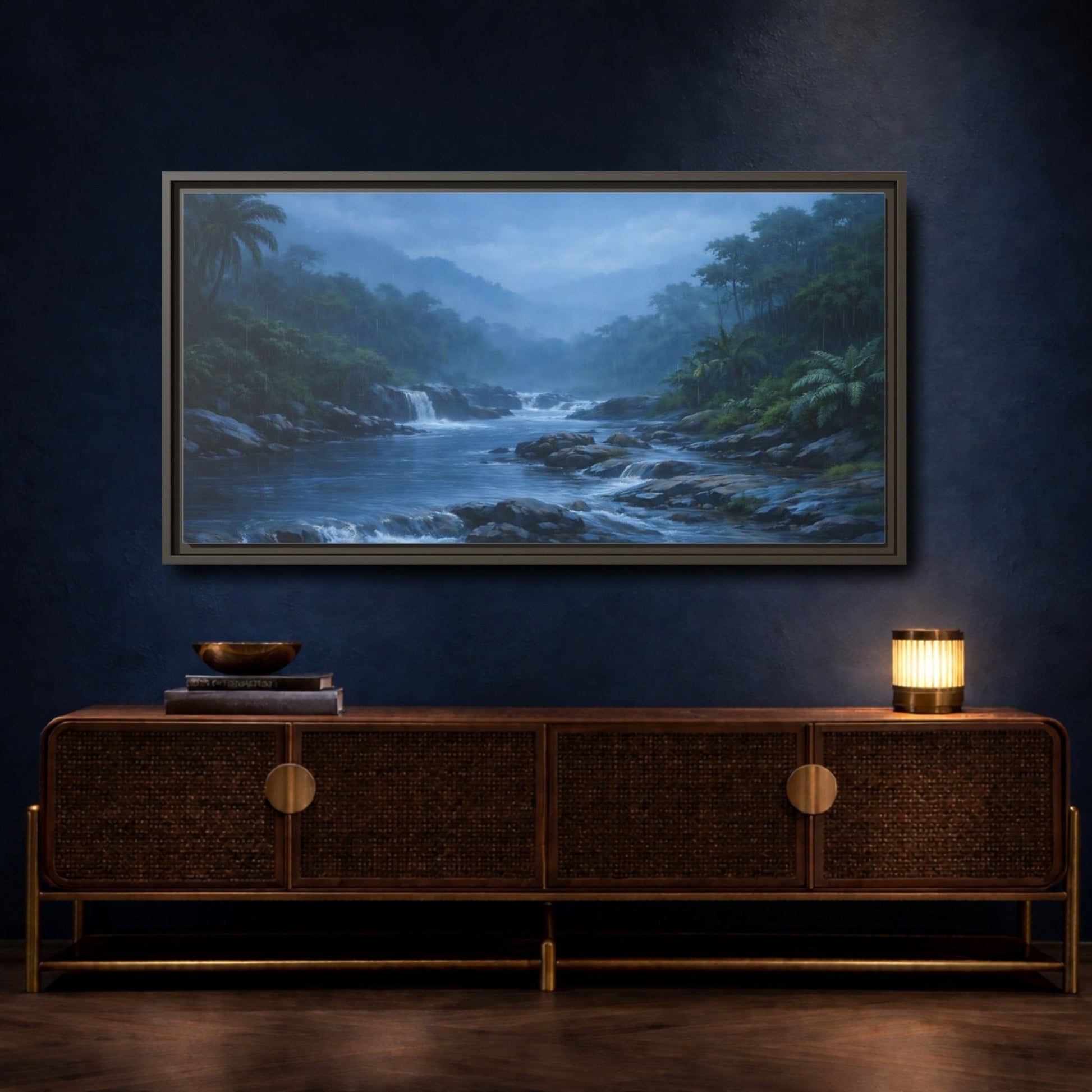 Landscape Nature Rainforest River Misty - Framed Canvas Wall Art Print - YesArtYes