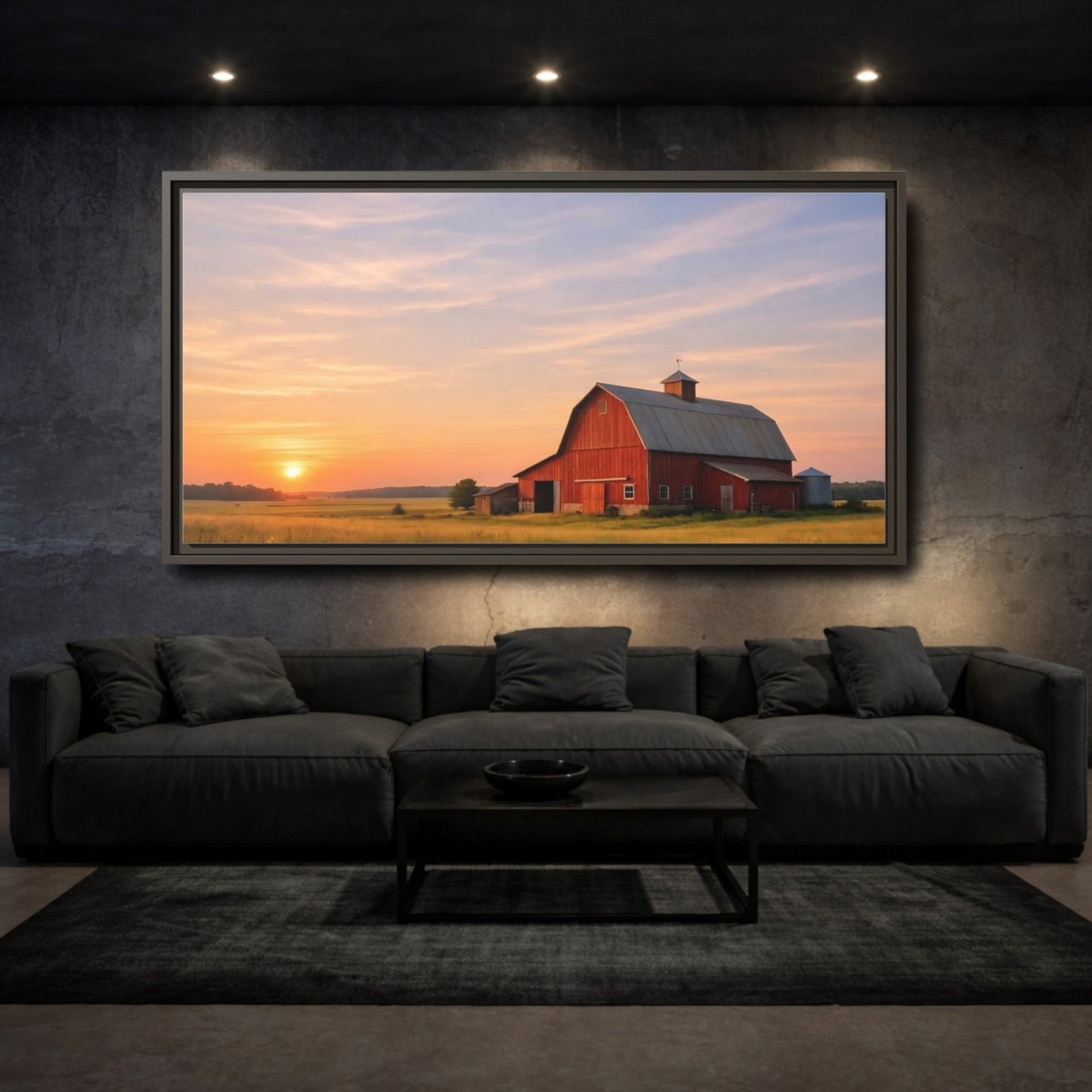 Landscape Nature Red Barn Orange Sunset - Framed Canvas Wall Art Print - YesArtYes
