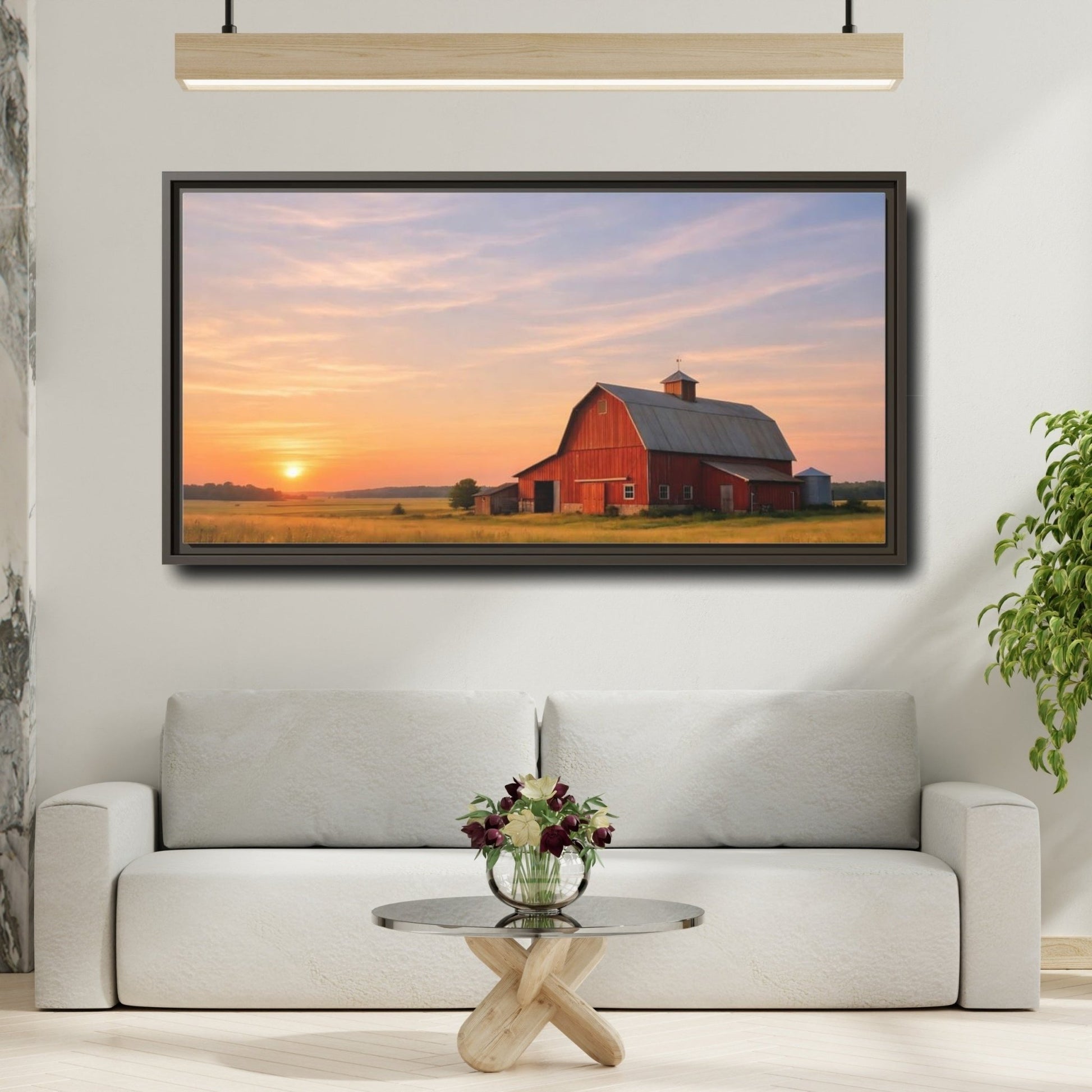 Landscape Nature Red Barn Orange Sunset - Framed Canvas Wall Art Print - YesArtYes