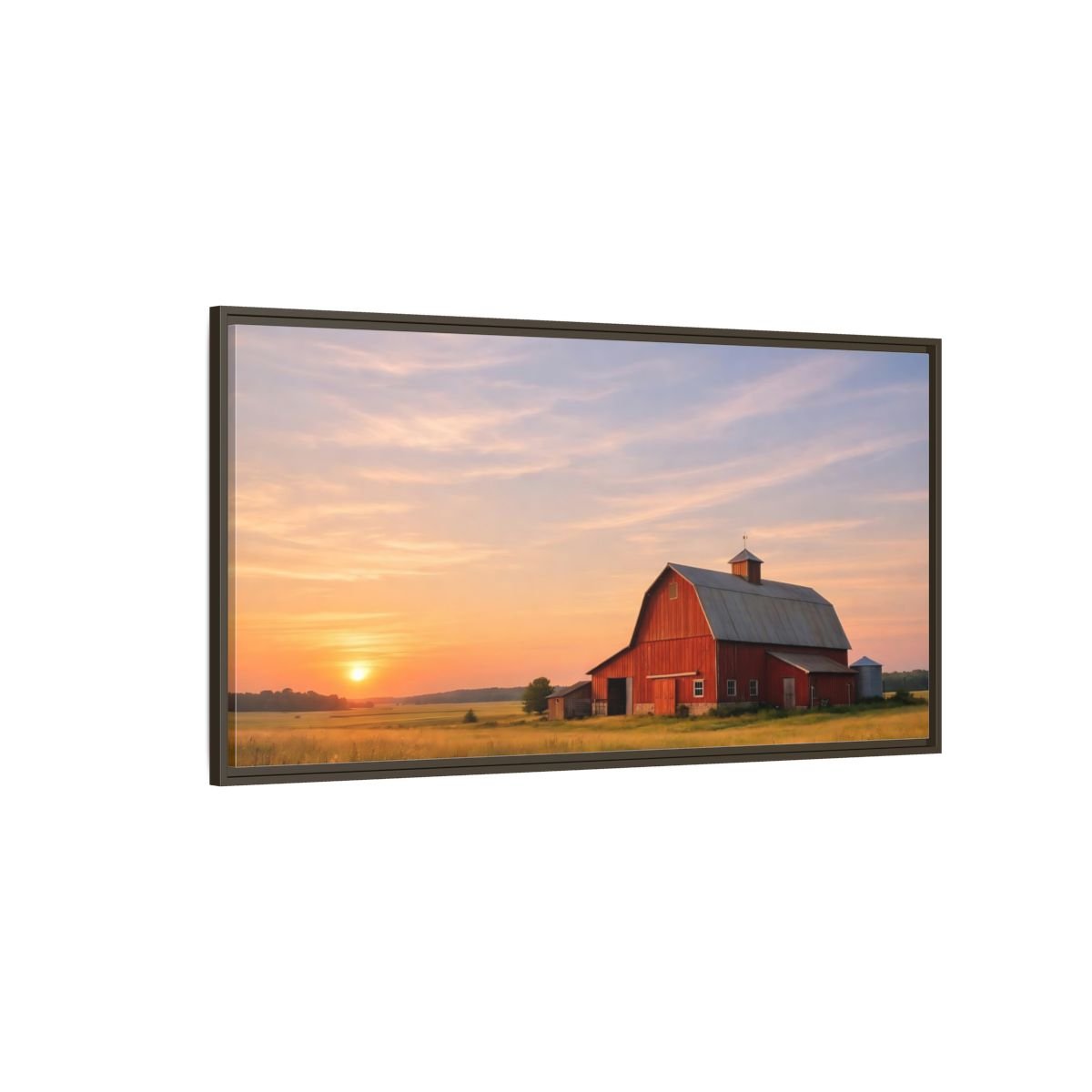 Landscape Nature Red Barn Orange Sunset - Framed Canvas Wall Art Print - YesArtYes
