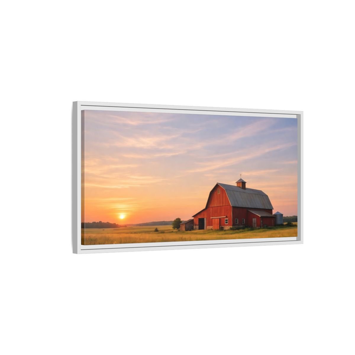 Landscape Nature Red Barn Orange Sunset - Framed Canvas Wall Art Print - YesArtYes