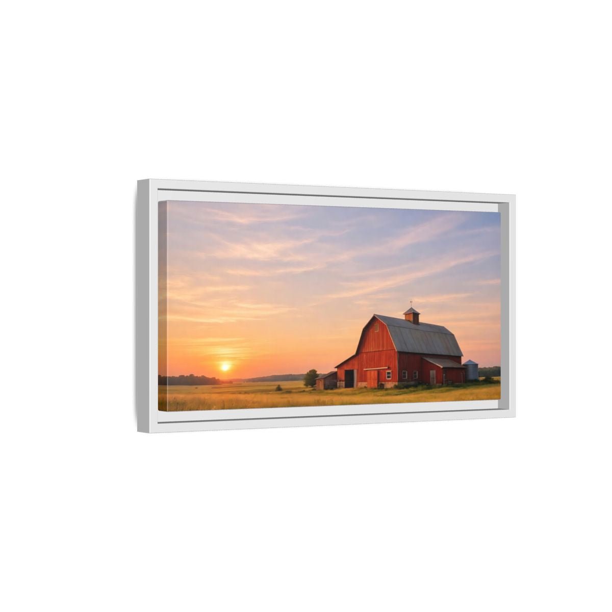 Landscape Nature Red Barn Orange Sunset - Framed Canvas Wall Art Print - YesArtYes