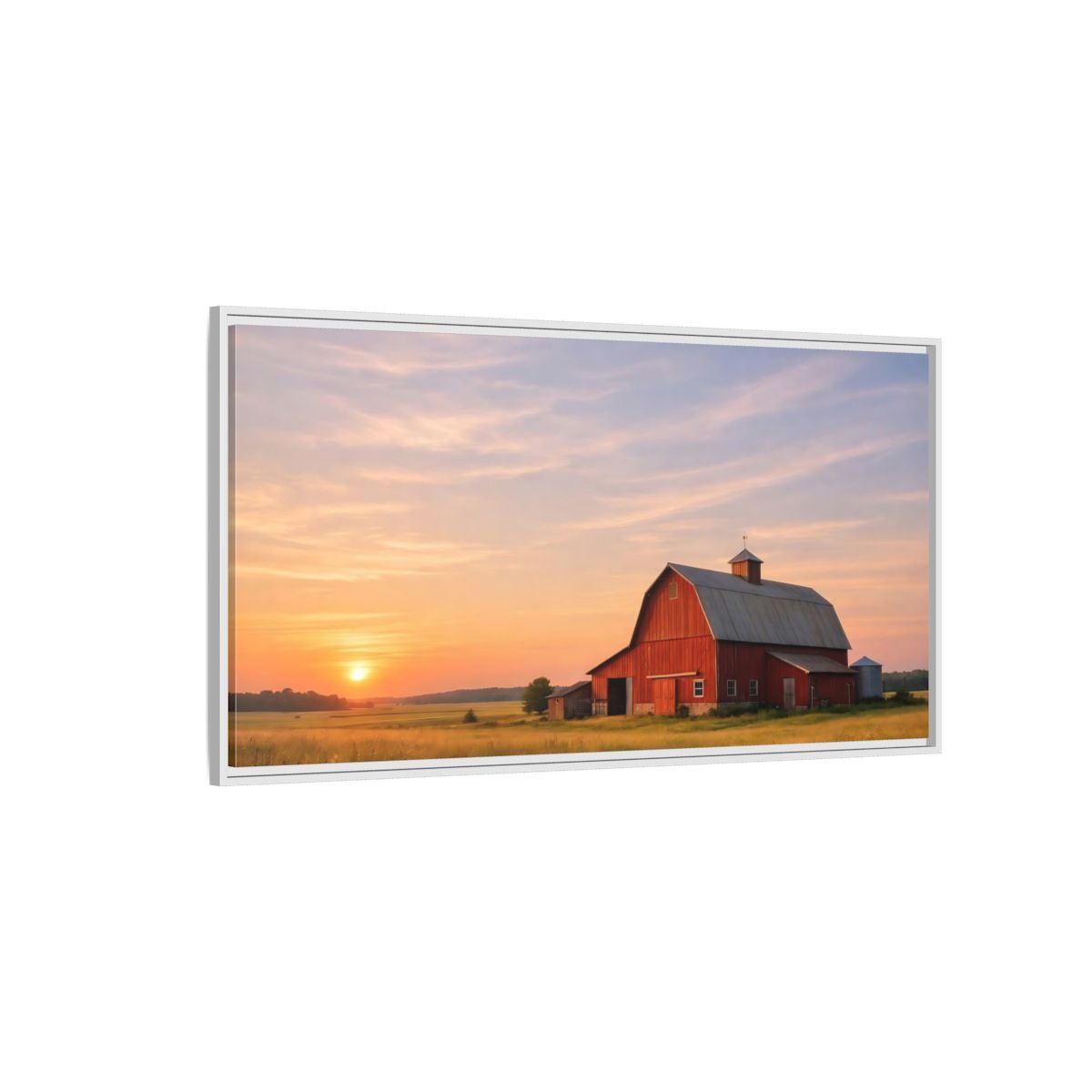 Landscape Nature Red Barn Orange Sunset - Framed Canvas Wall Art Print - YesArtYes