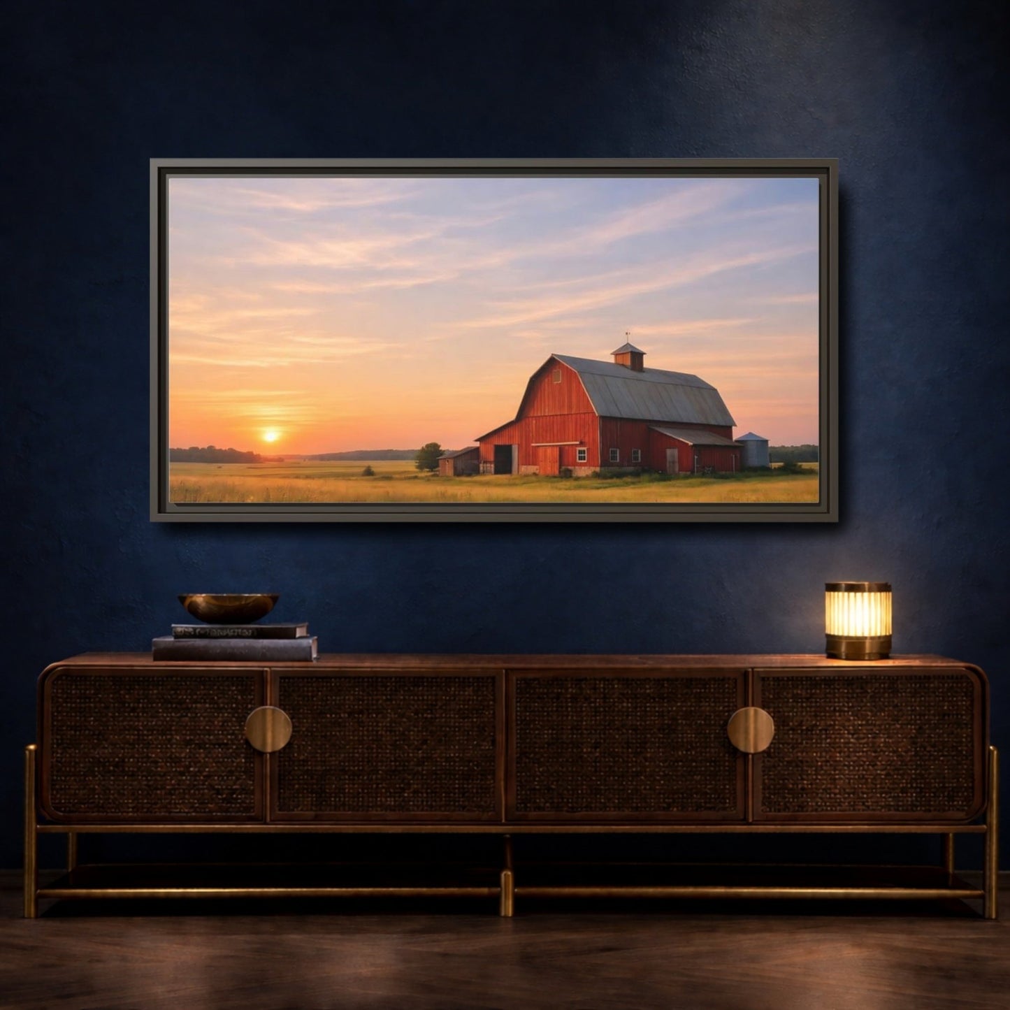 Landscape Nature Red Barn Orange Sunset - Framed Canvas Wall Art Print - YesArtYes
