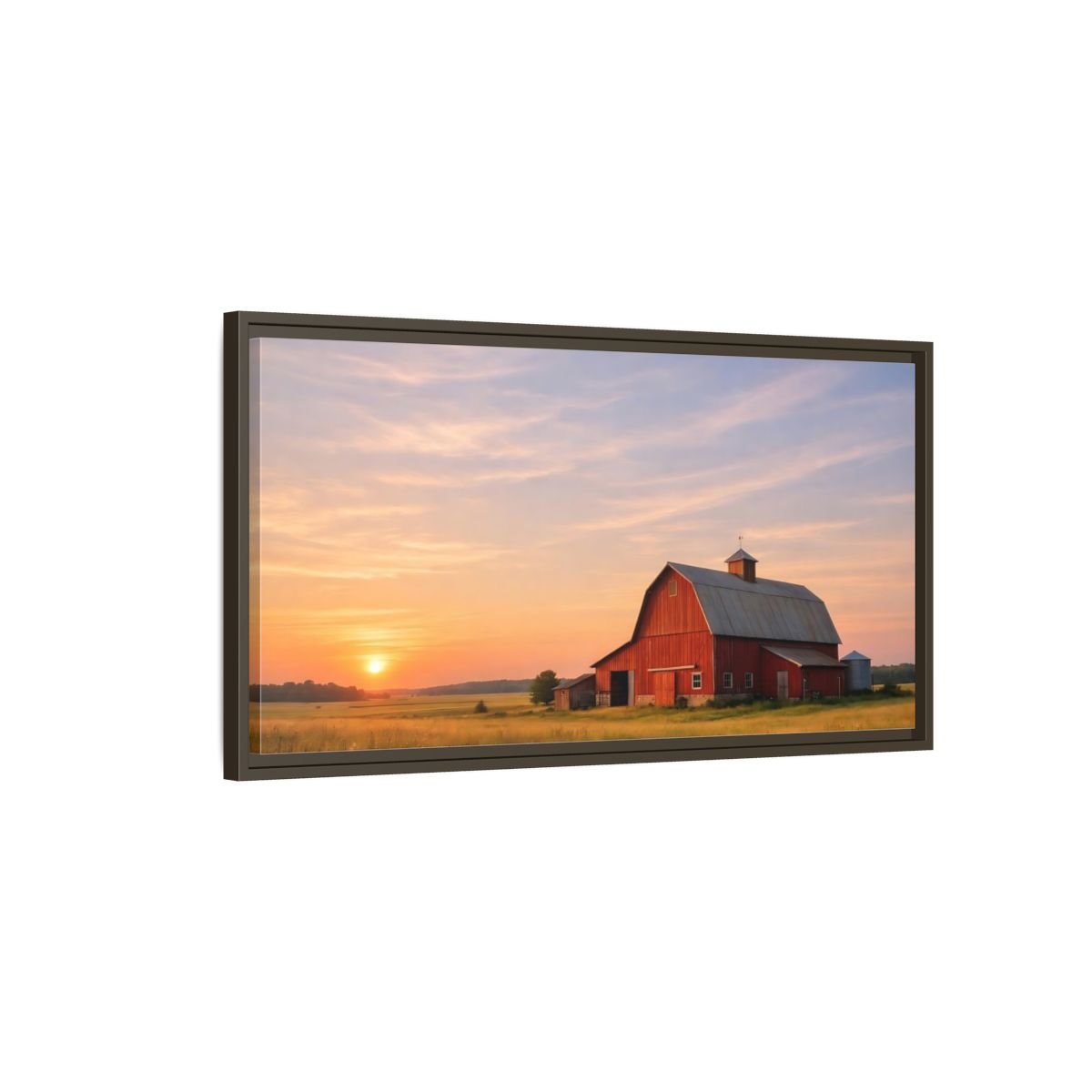 Landscape Nature Red Barn Orange Sunset - Framed Canvas Wall Art Print - YesArtYes