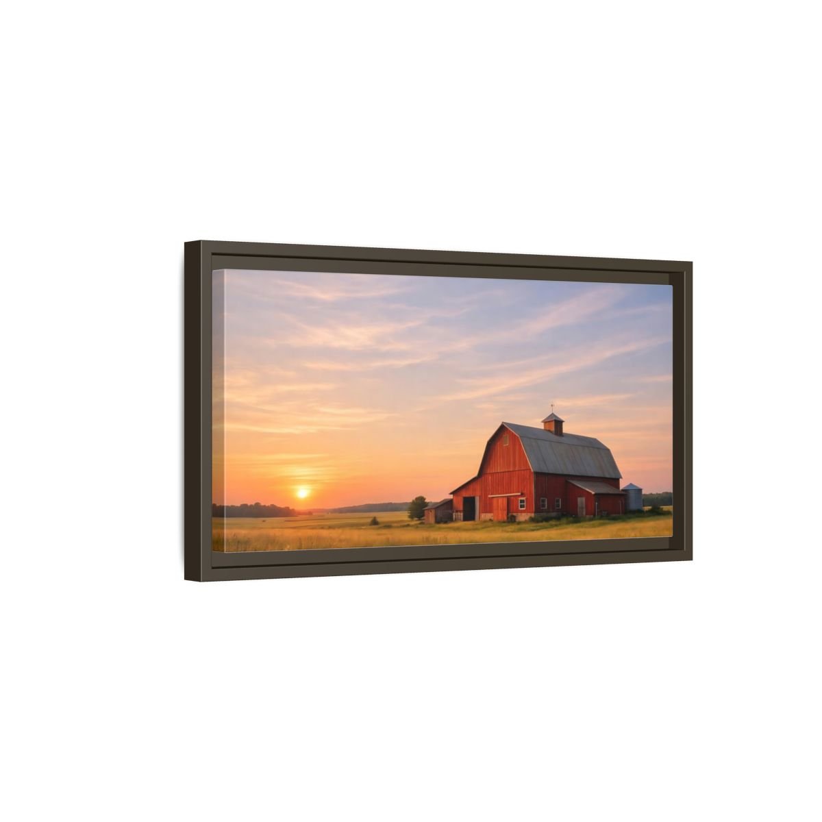 Landscape Nature Red Barn Orange Sunset - Framed Canvas Wall Art Print - YesArtYes
