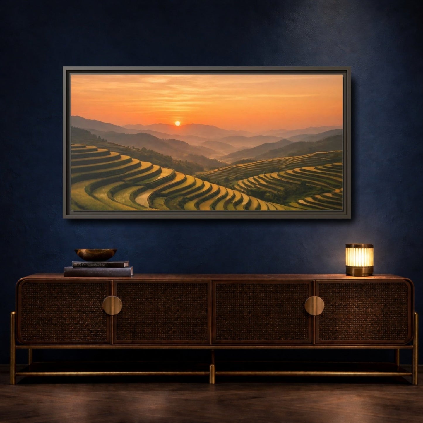 Landscape Nature Rice Terraces Golden Sunset - Framed Canvas Wall Art Print - YesArtYes