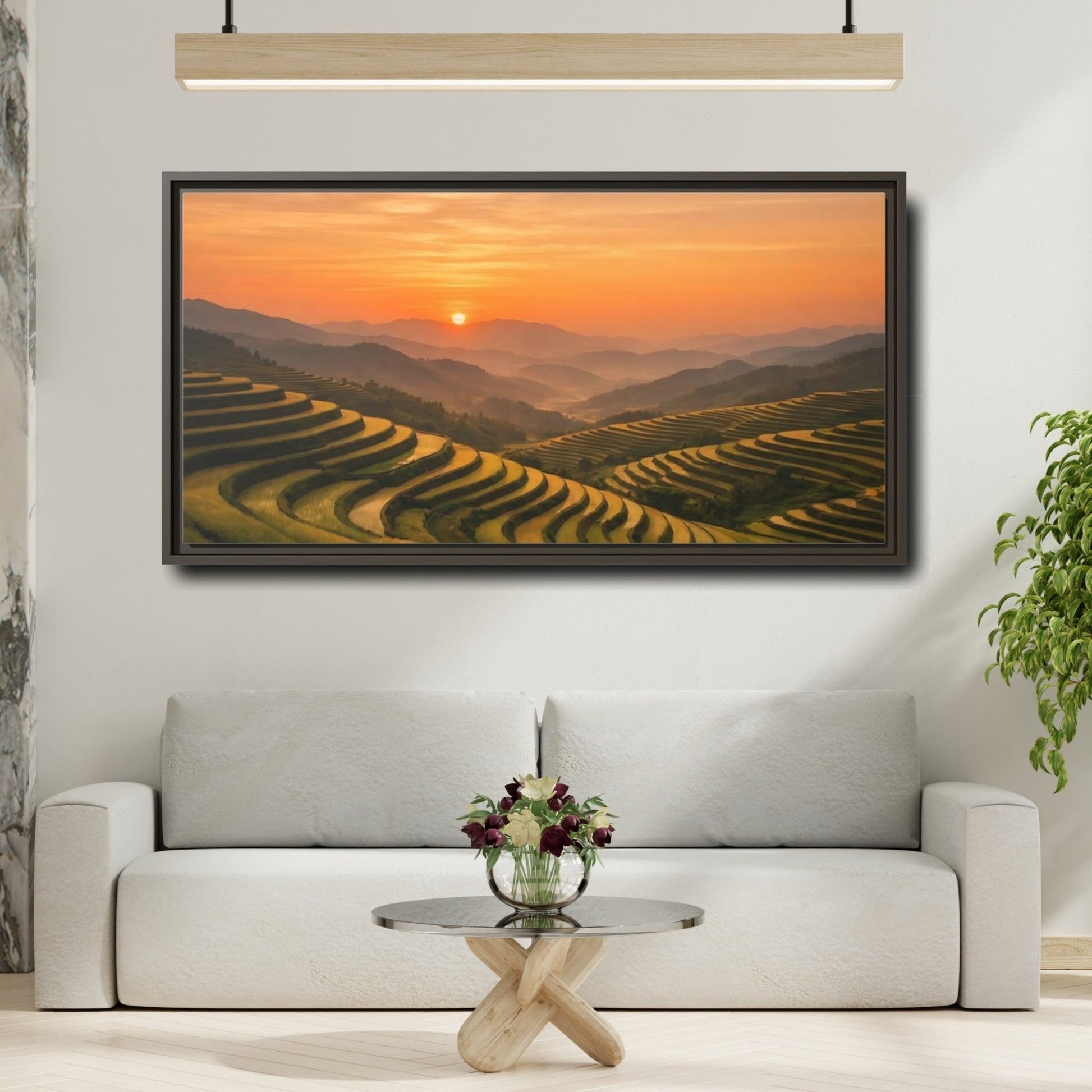 Landscape Nature Rice Terraces Golden Sunset - Framed Canvas Wall Art Print - YesArtYes