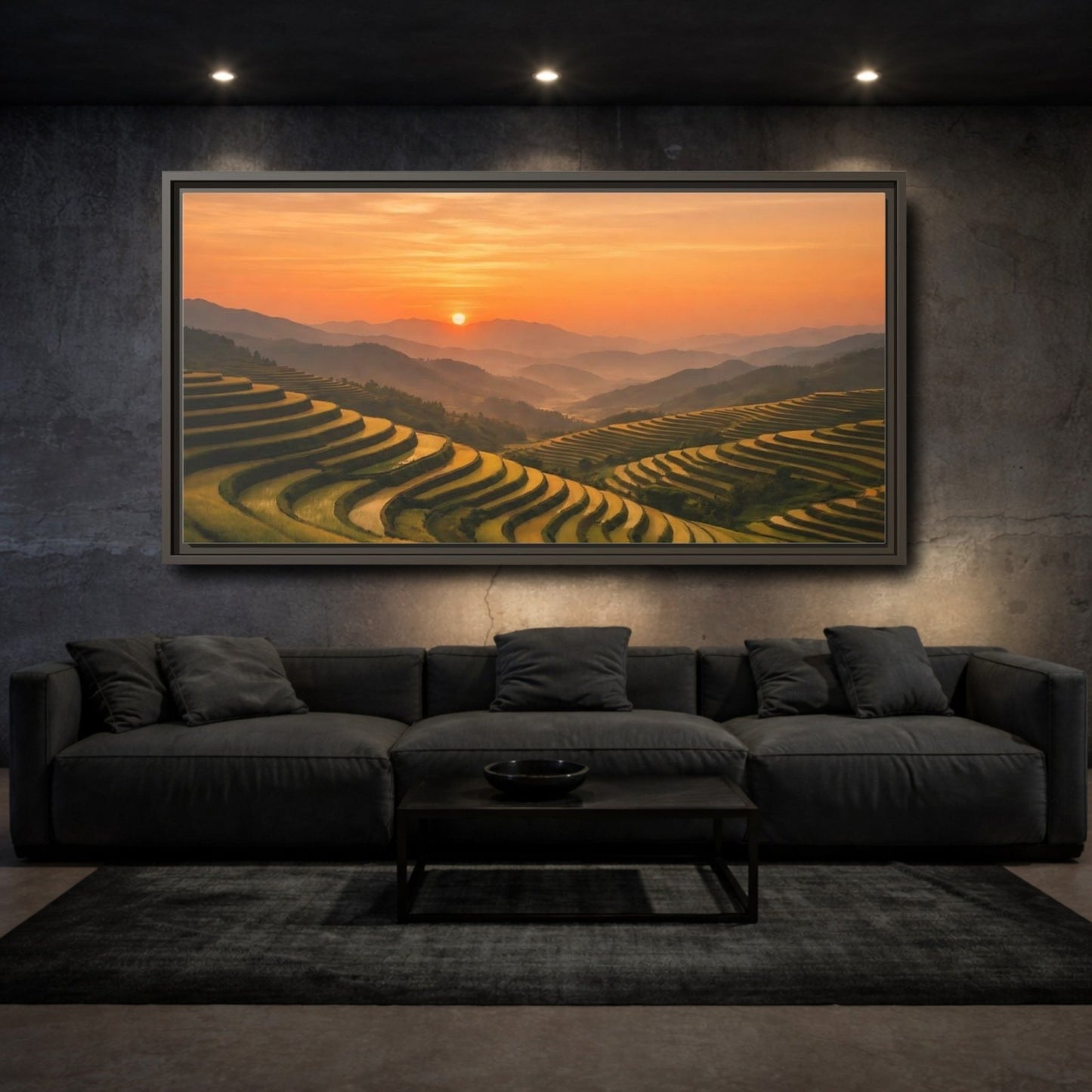 Landscape Nature Rice Terraces Golden Sunset - Framed Canvas Wall Art Print - YesArtYes