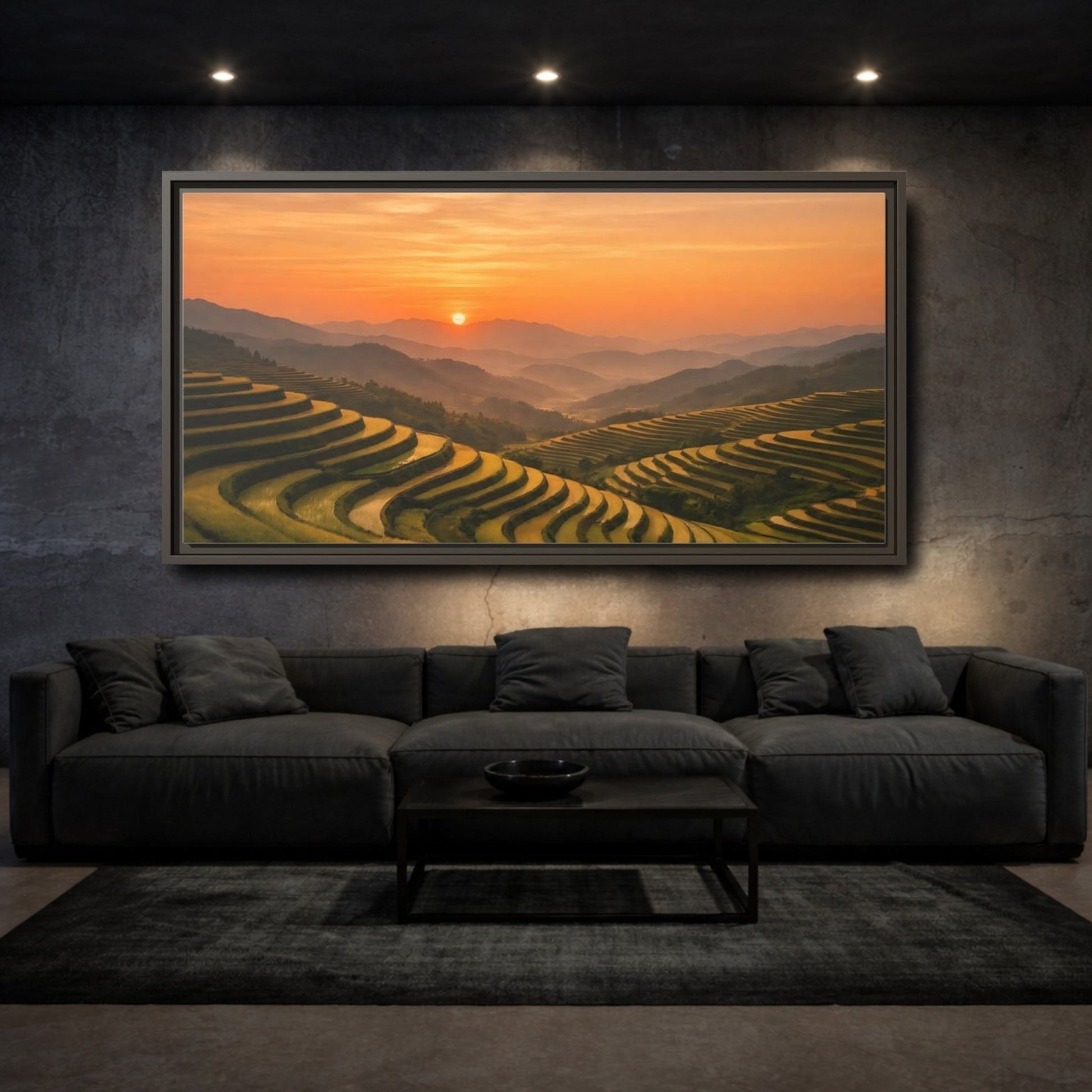 Landscape Nature Rice Terraces Golden Sunset - Framed Canvas Wall Art Print - YesArtYes