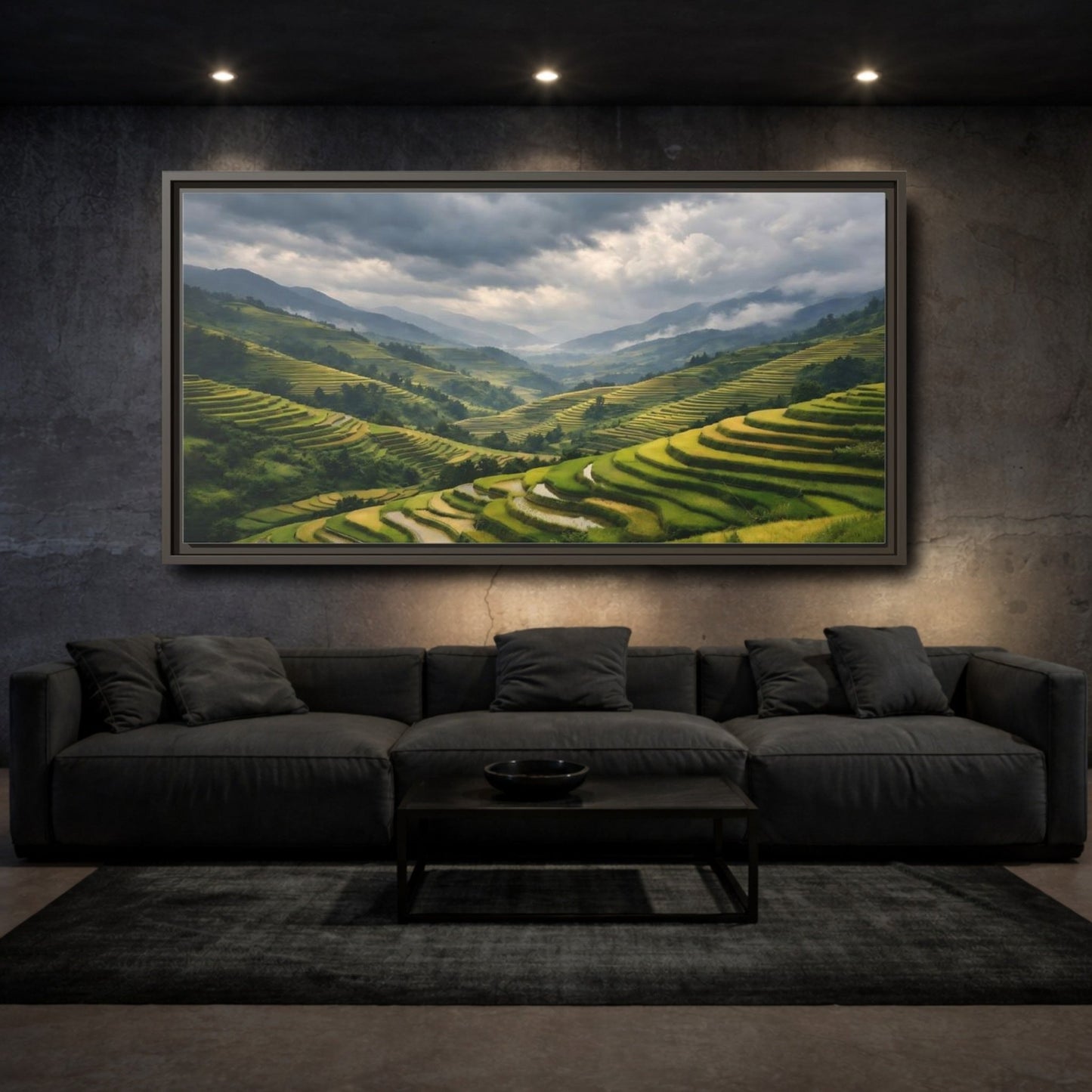 Landscape Nature Rice Terraces Green And - Framed Canvas Wall Art Print - YesArtYes