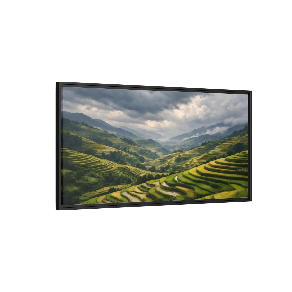 Landscape Nature Rice Terraces Green And - Framed Canvas Wall Art Print - YesArtYes