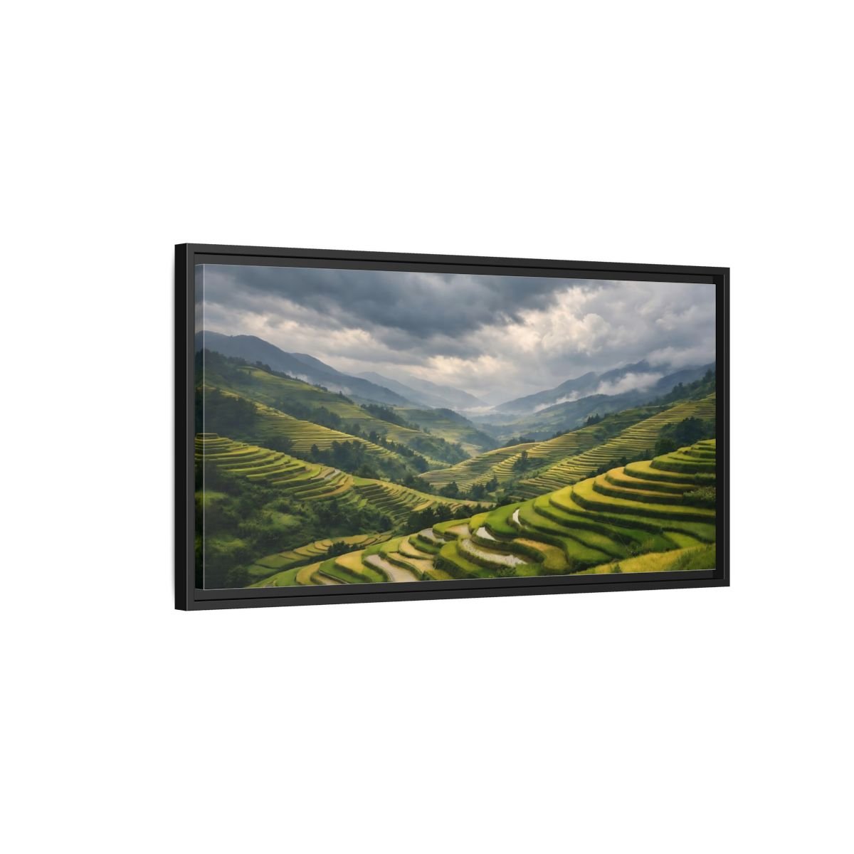 Landscape Nature Rice Terraces Green And - Framed Canvas Wall Art Print - YesArtYes