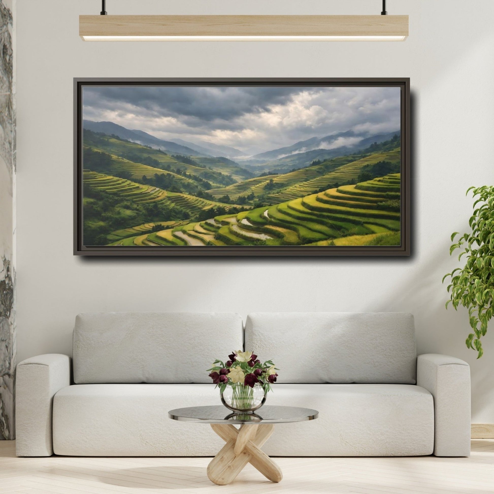 Landscape Nature Rice Terraces Green And - Framed Canvas Wall Art Print - YesArtYes