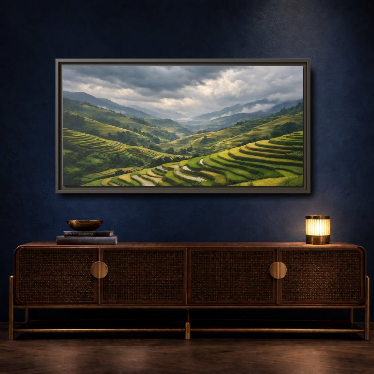 Landscape Nature Rice Terraces Green And - Framed Canvas Wall Art Print - YesArtYes