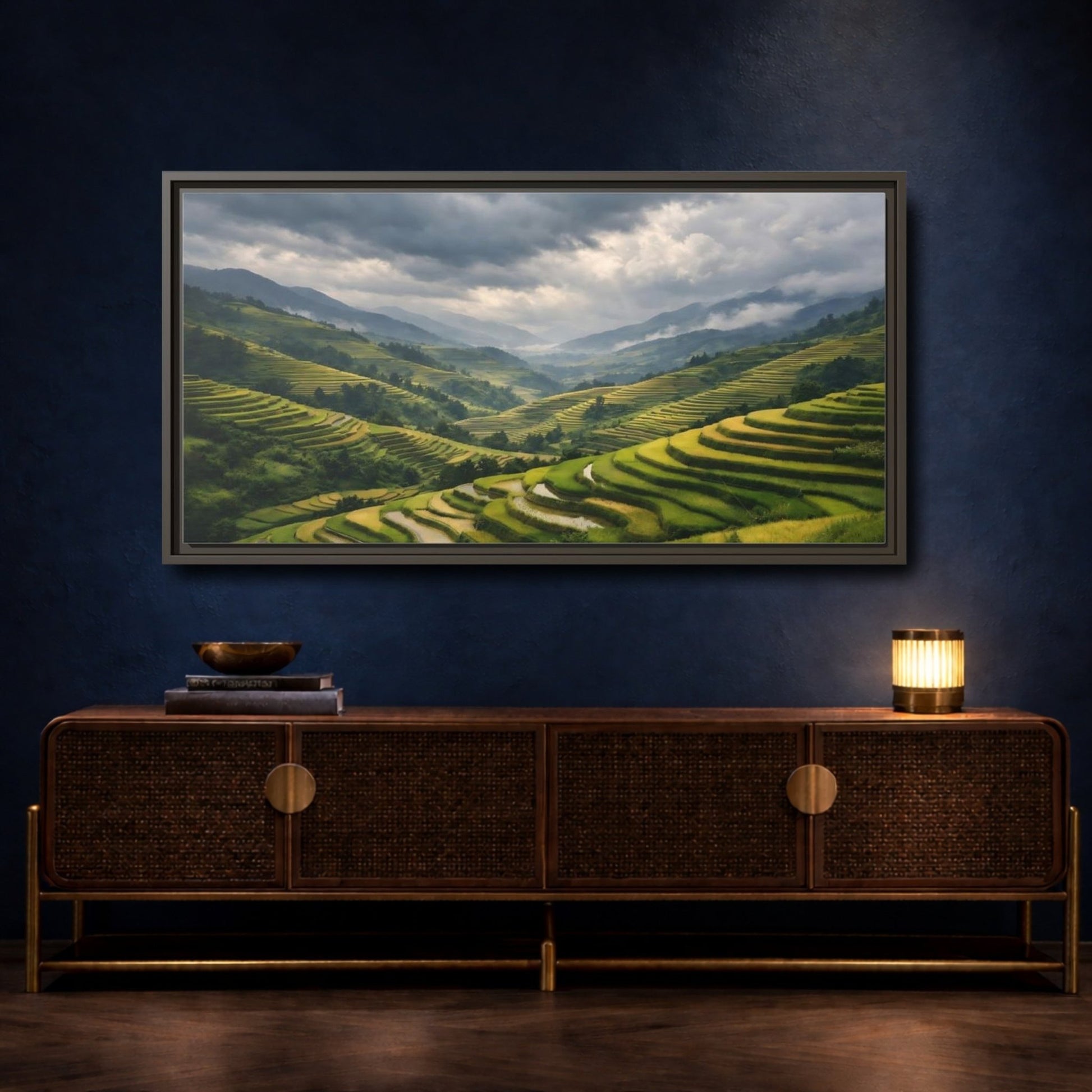 Landscape Nature Rice Terraces Green And - Framed Canvas Wall Art Print - YesArtYes