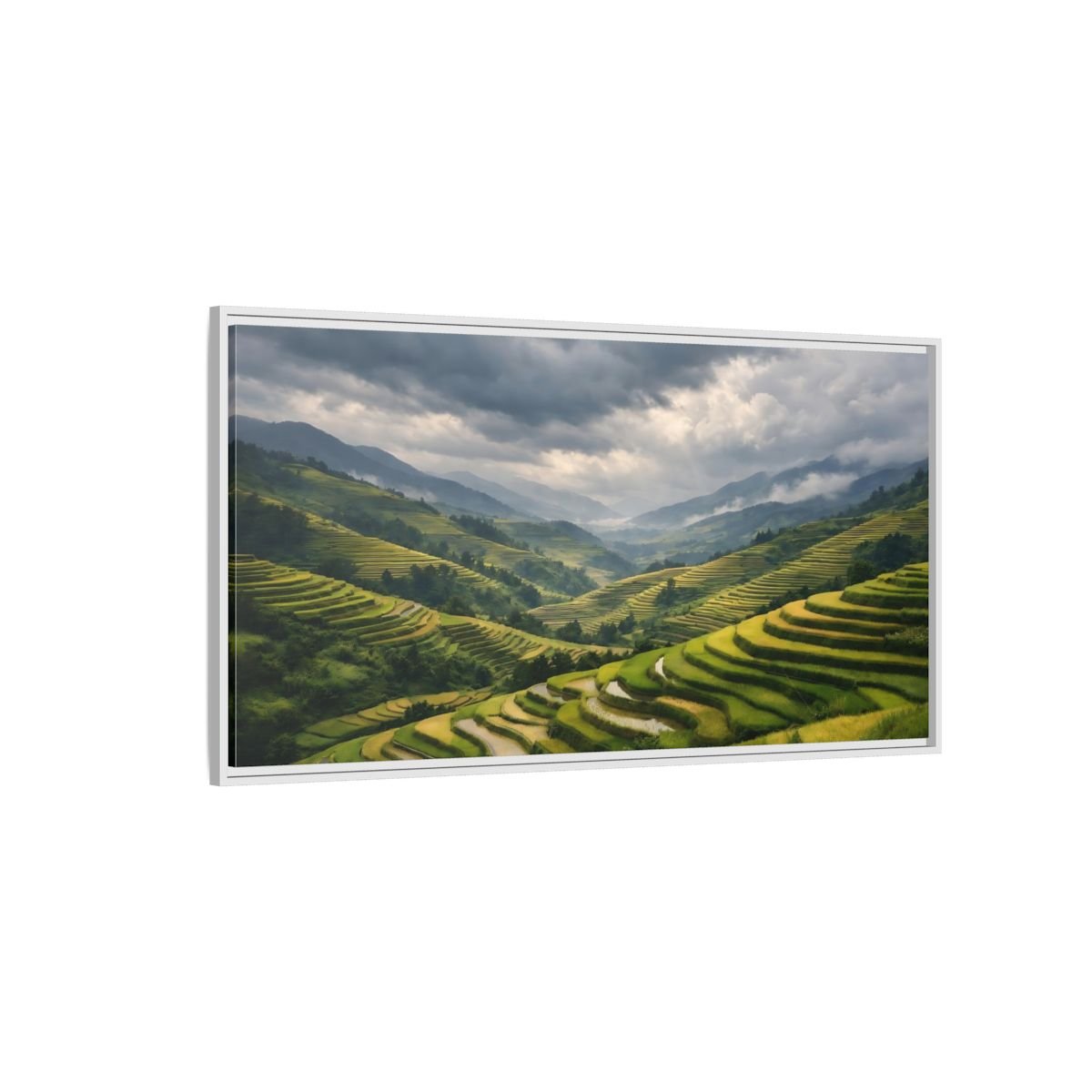 Landscape Nature Rice Terraces Green And - Framed Canvas Wall Art Print - YesArtYes