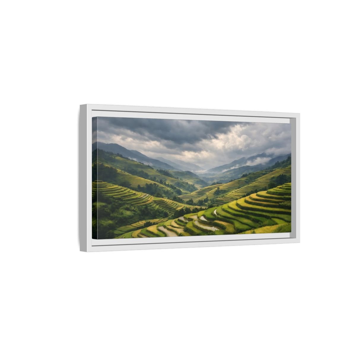 Landscape Nature Rice Terraces Green And - Framed Canvas Wall Art Print - YesArtYes