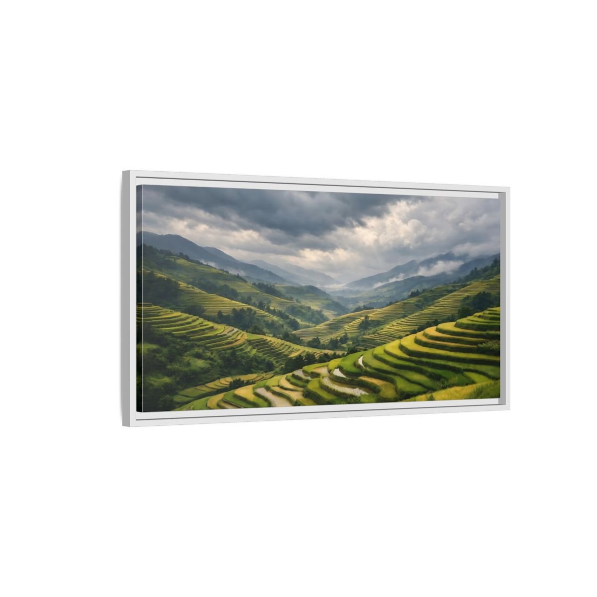 Landscape Nature Rice Terraces Green And - Framed Canvas Wall Art Print - YesArtYes