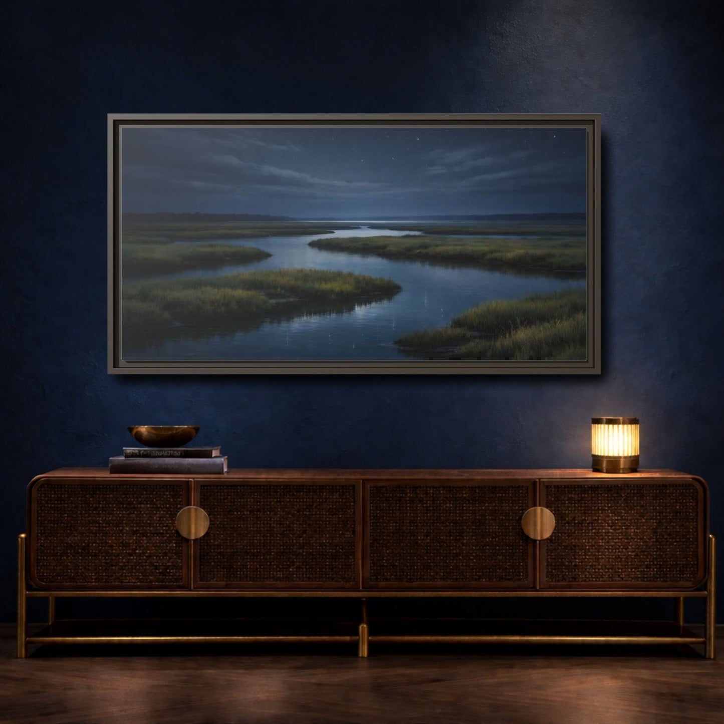 Landscape Nature River Estuary Dark Blue - Framed Canvas Wall Art Print - YesArtYes