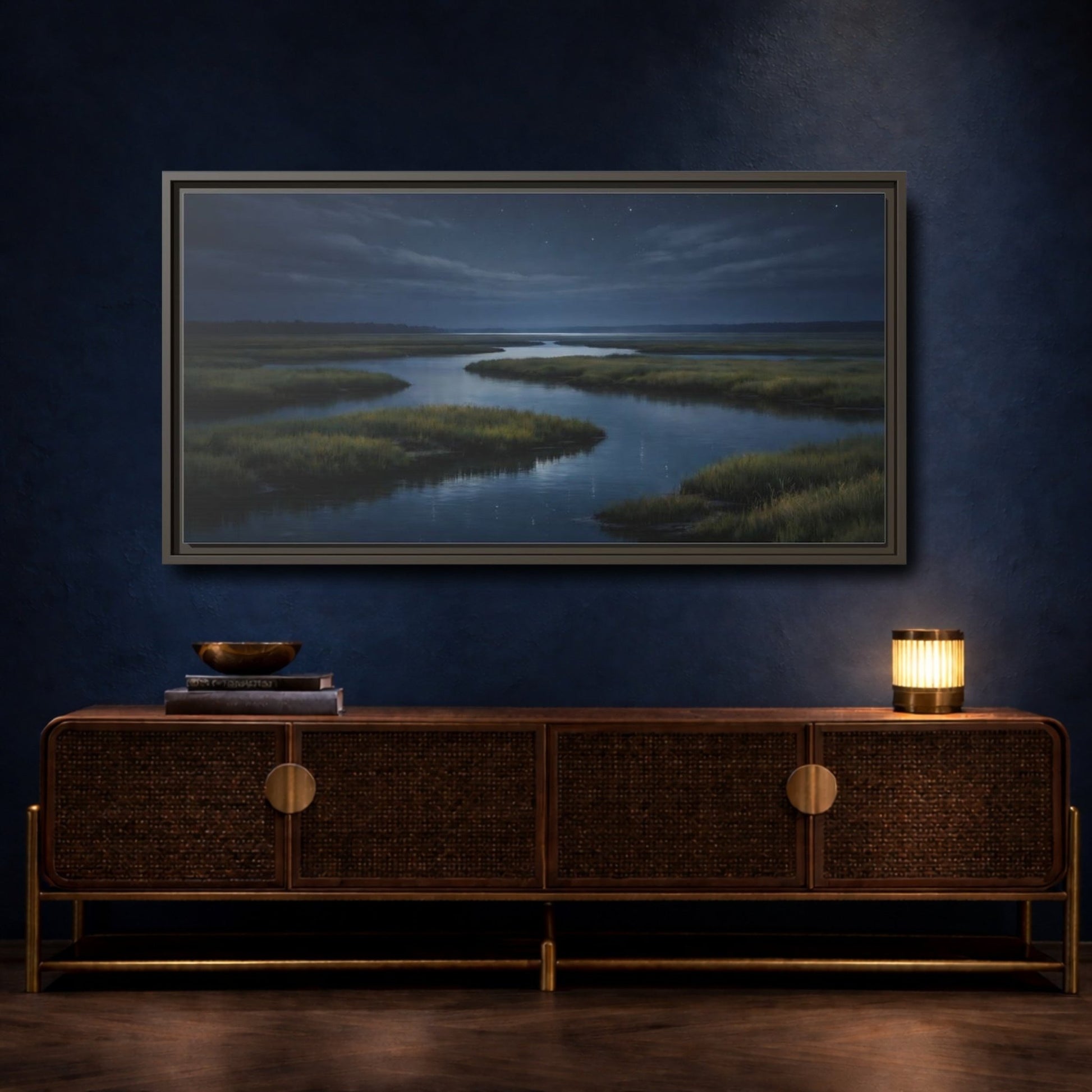 Landscape Nature River Estuary Dark Blue - Framed Canvas Wall Art Print - YesArtYes