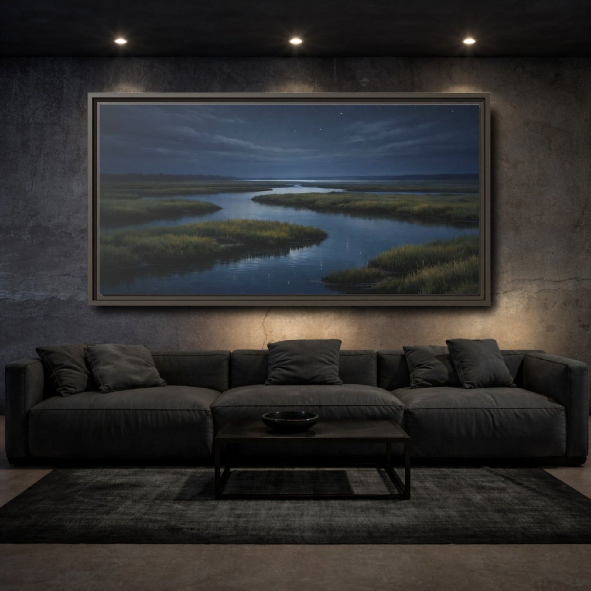 Landscape Nature River Estuary Dark Blue - Framed Canvas Wall Art Print - YesArtYes