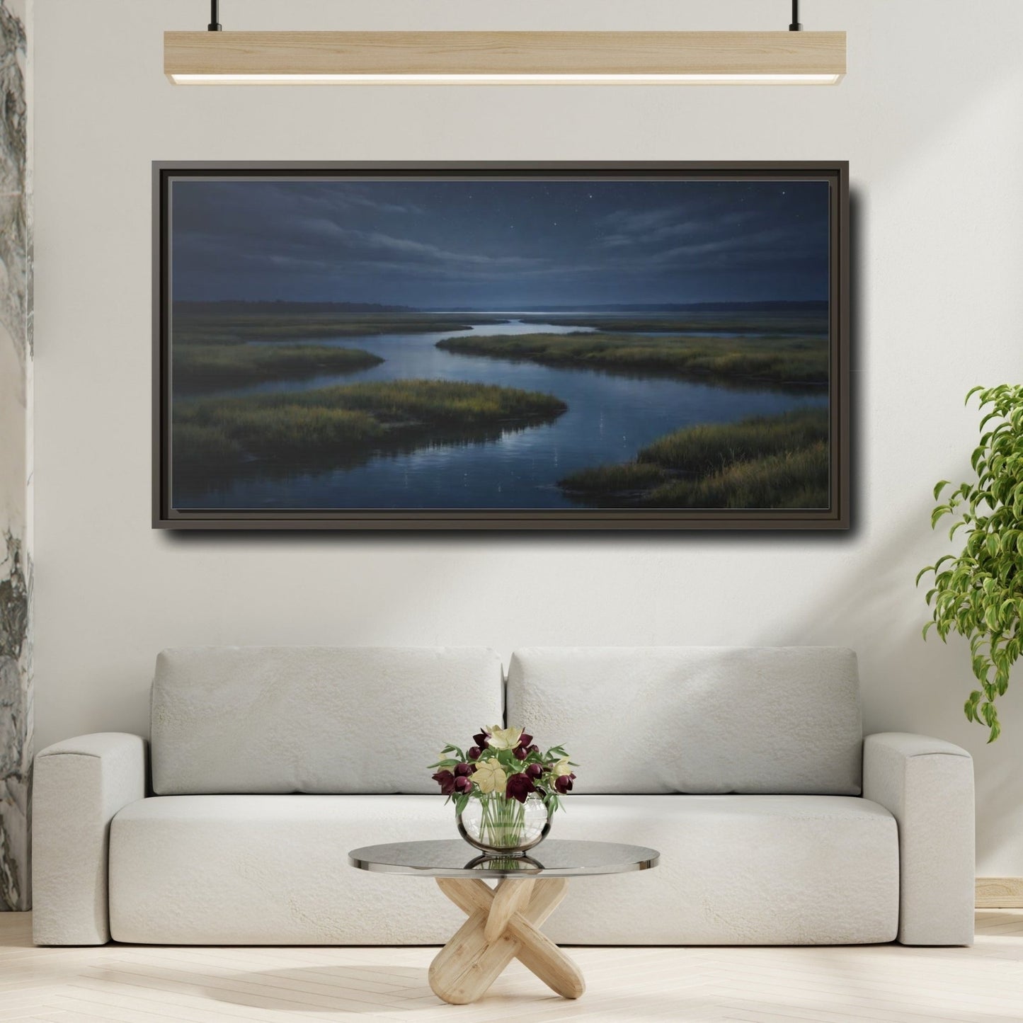 Landscape Nature River Estuary Dark Blue - Framed Canvas Wall Art Print - YesArtYes
