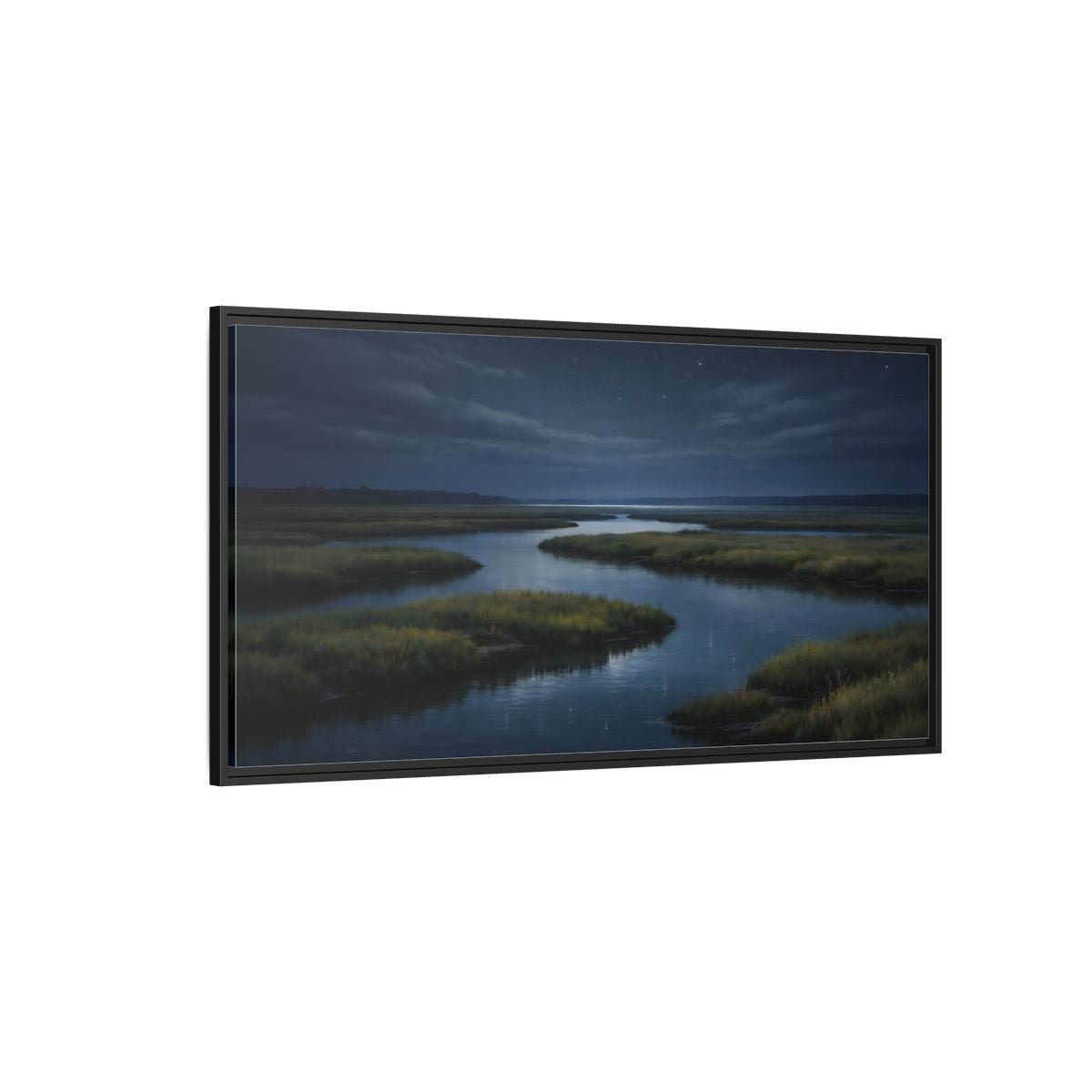 Landscape Nature River Estuary Dark Blue - Framed Canvas Wall Art Print - YesArtYes