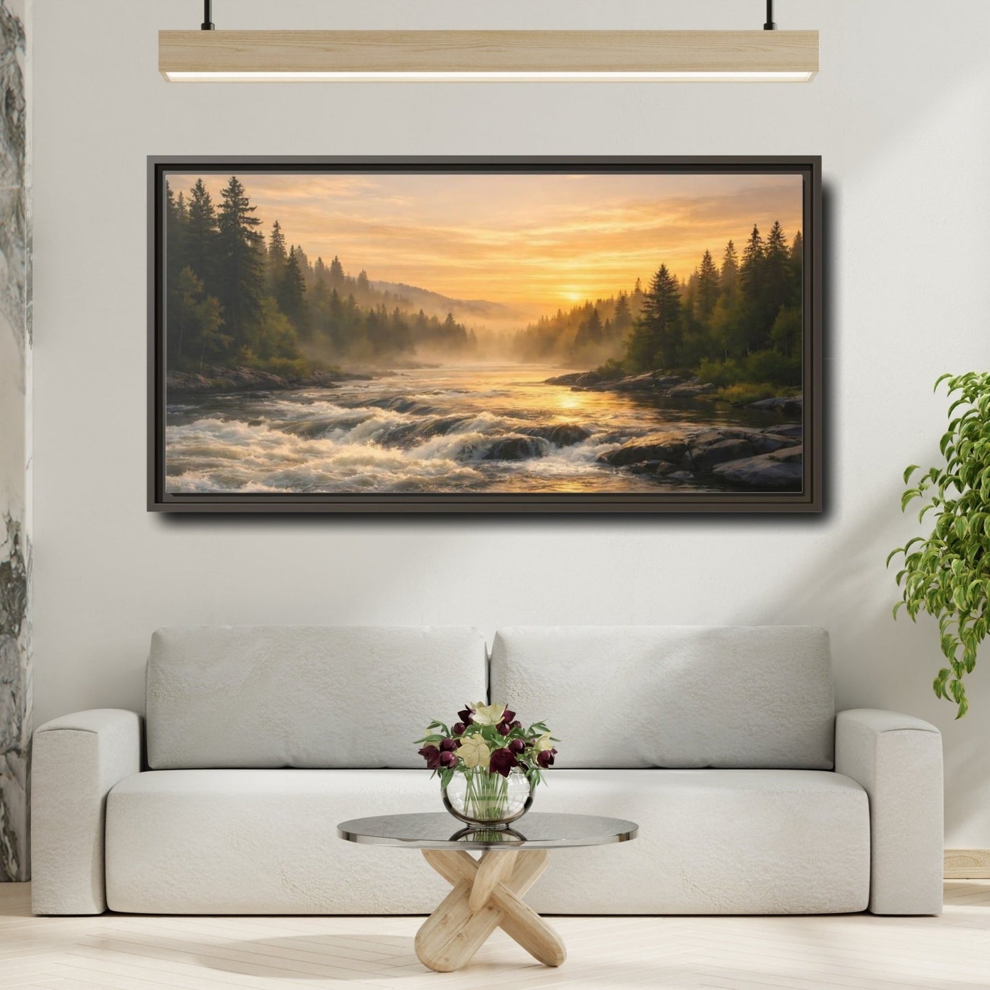 Landscape Nature River Golden - Framed Canvas Wall Art Print - YesArtYes