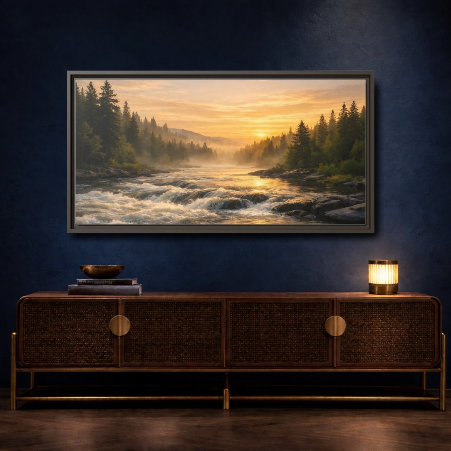 Landscape Nature River Golden - Framed Canvas Wall Art Print - YesArtYes